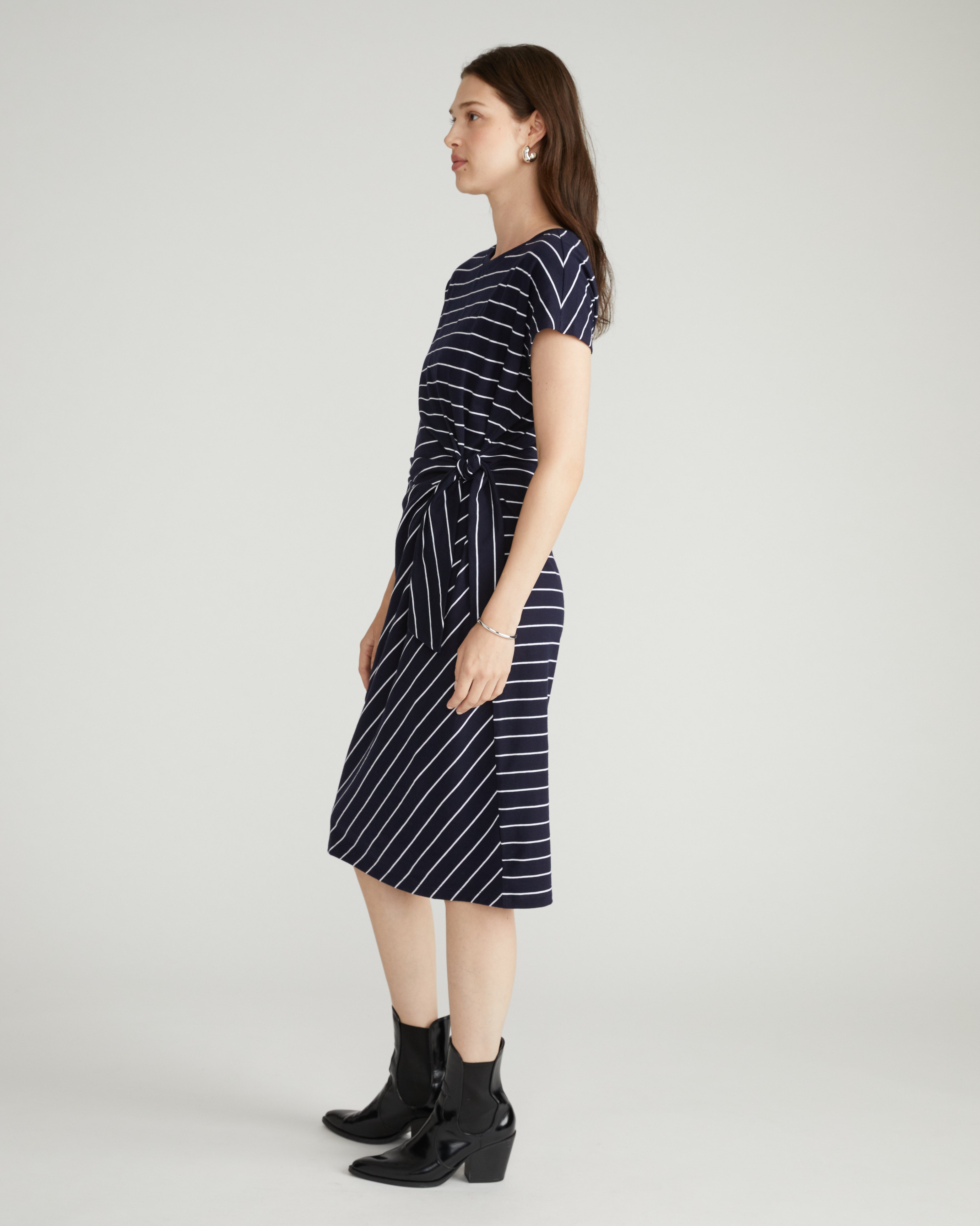 Crescent Breton Stripe Knot Dress - Navy Pinstripe