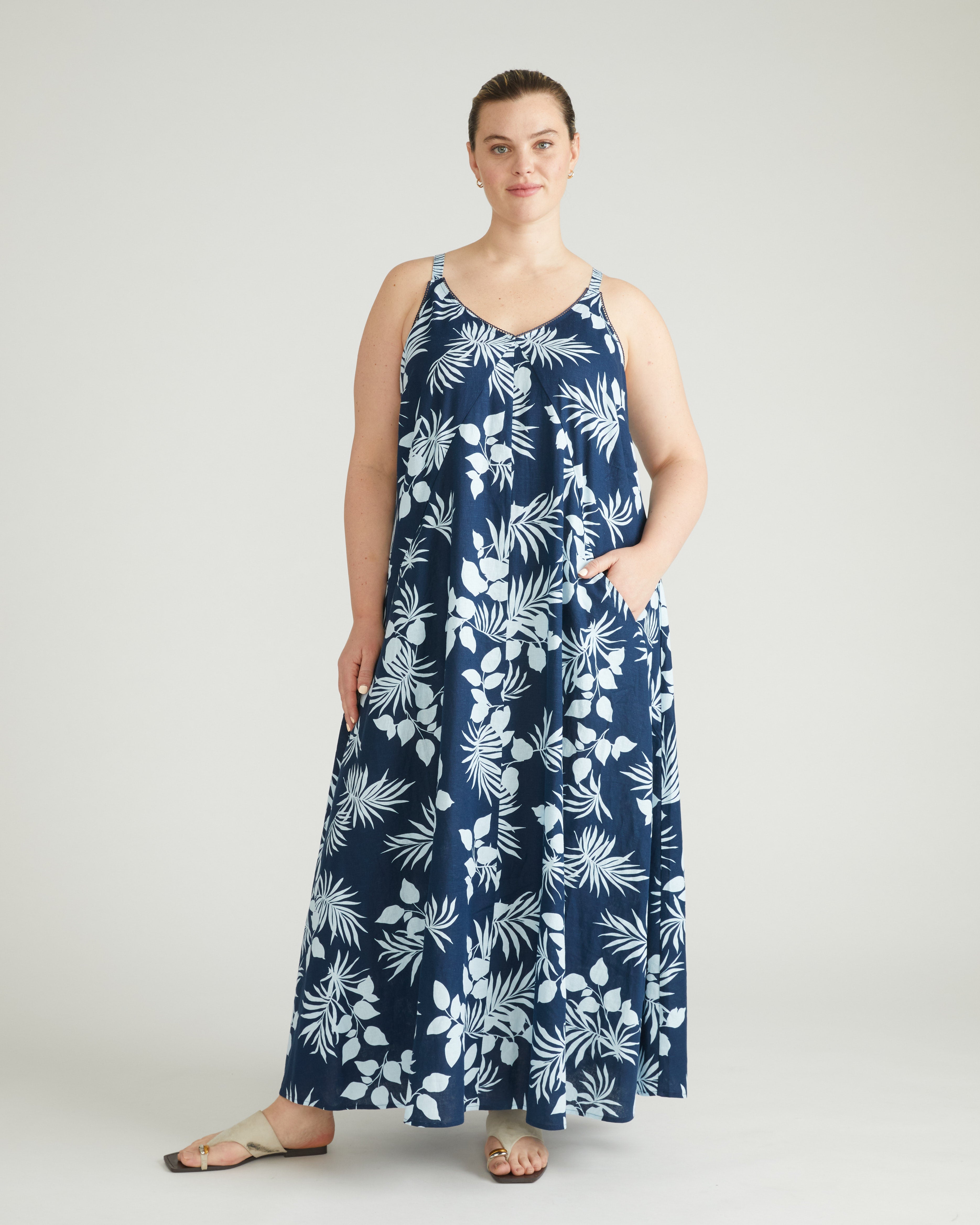 Kite Linen Dress - Palm Print in Light Blue