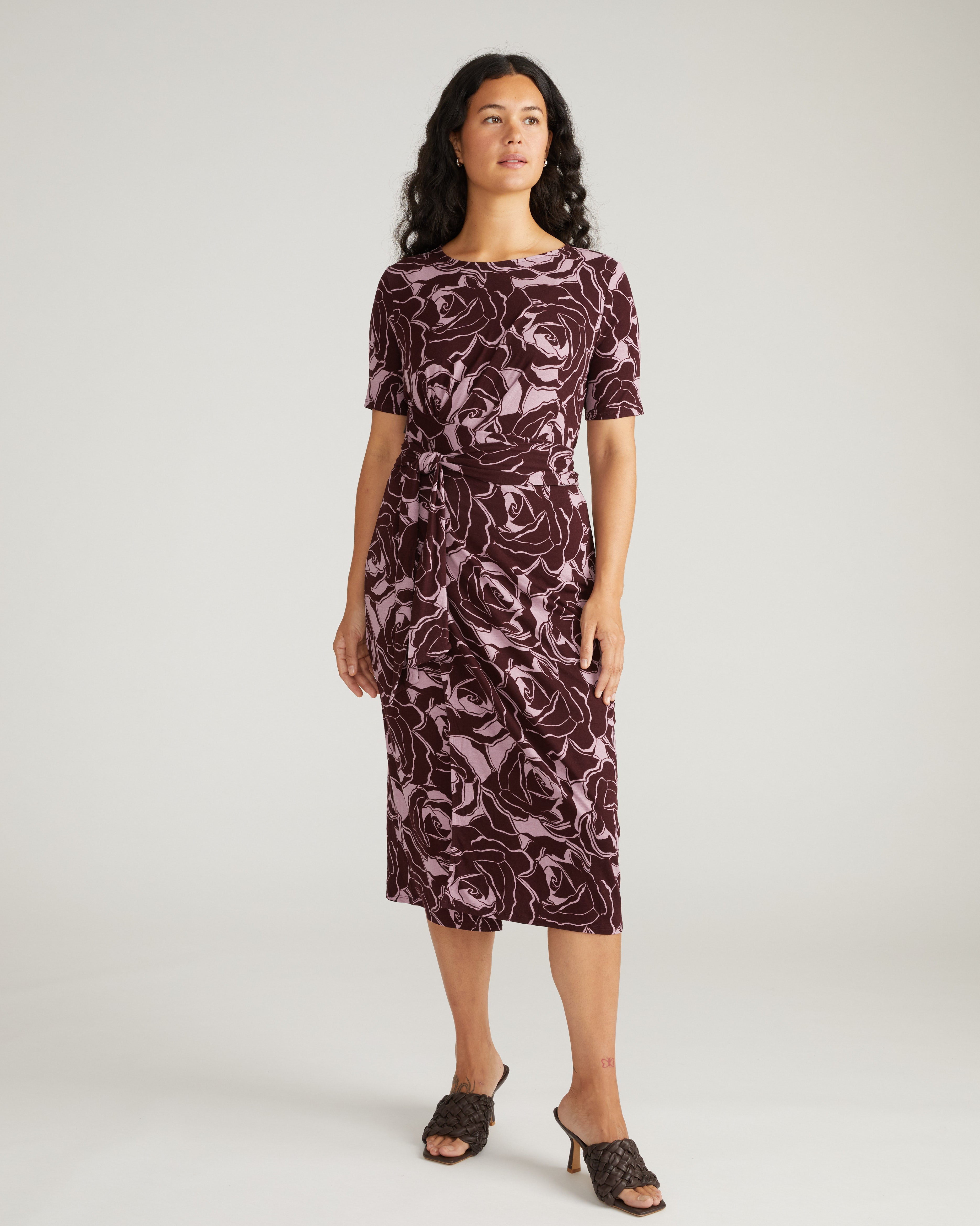 Delilah Liquid Jersey Dress - Rose Print in Black Cherry