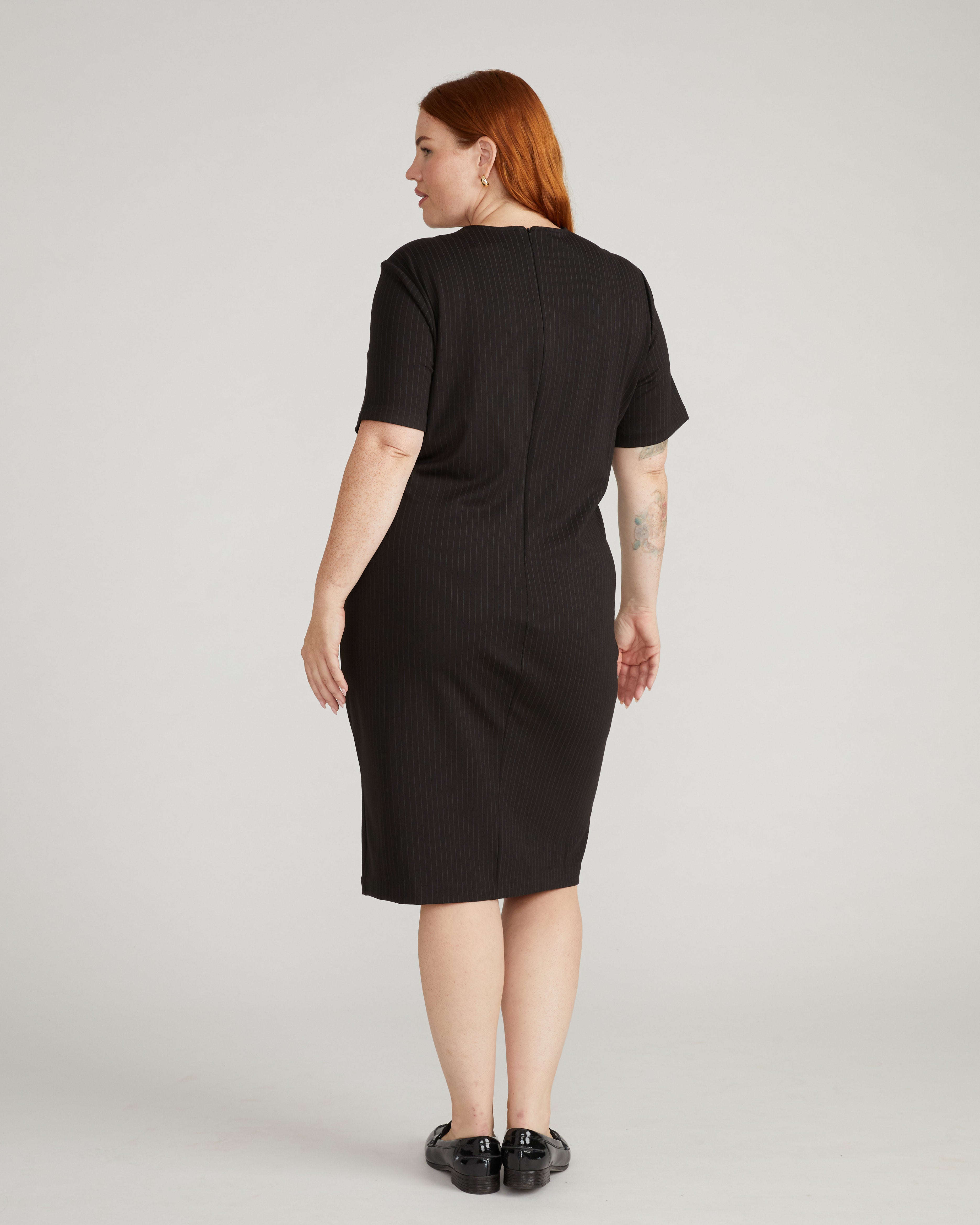 Envelope Neck Ponte Dress - Slate Pinstripe