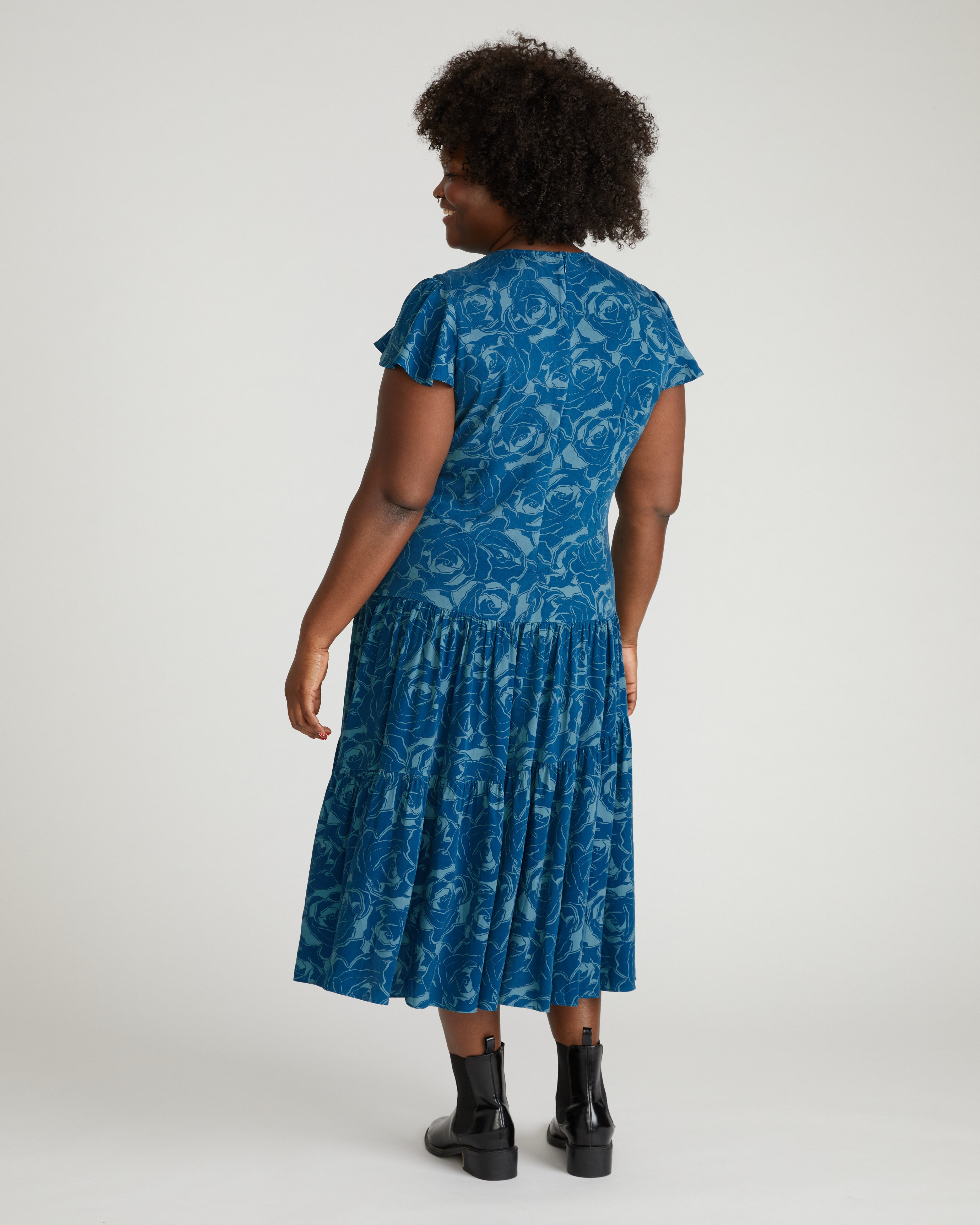Mariella Stretch Cupro Dress - Rose Print in Deep Teal