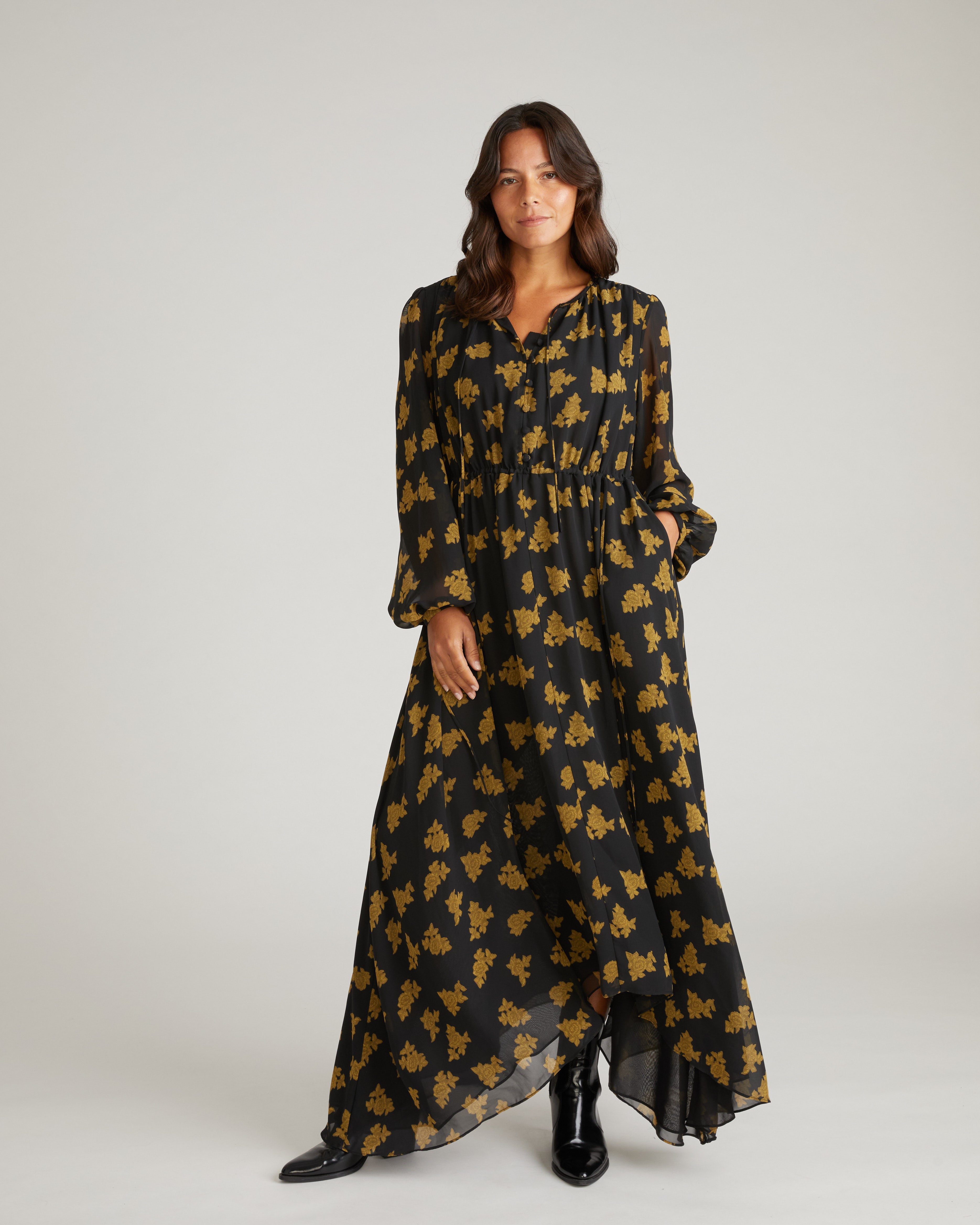 Karina Chiffon Dress - Gold Heirloom Print