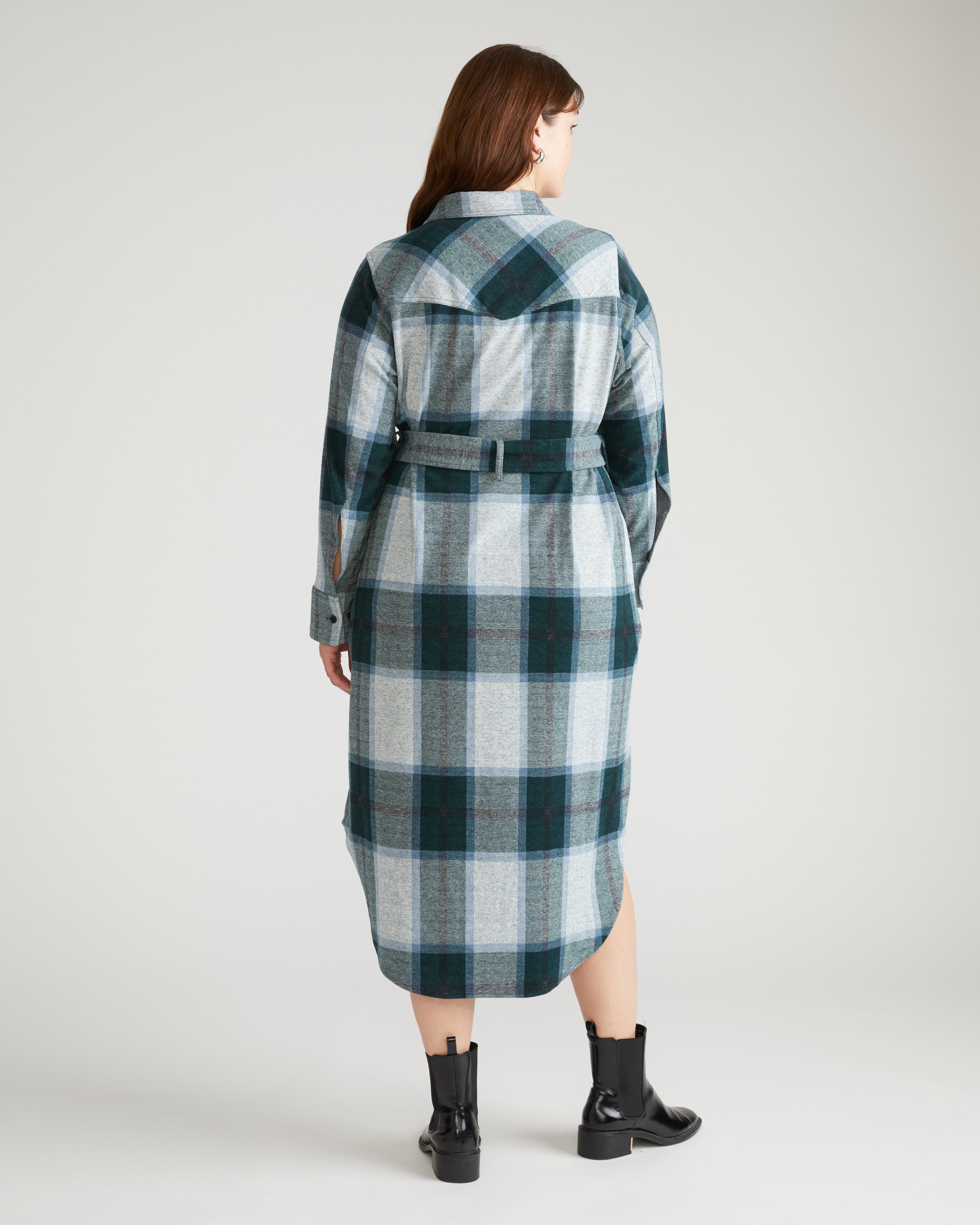Morgan Belted Stretch Flannel Shirtdress - Mate Green Plaid