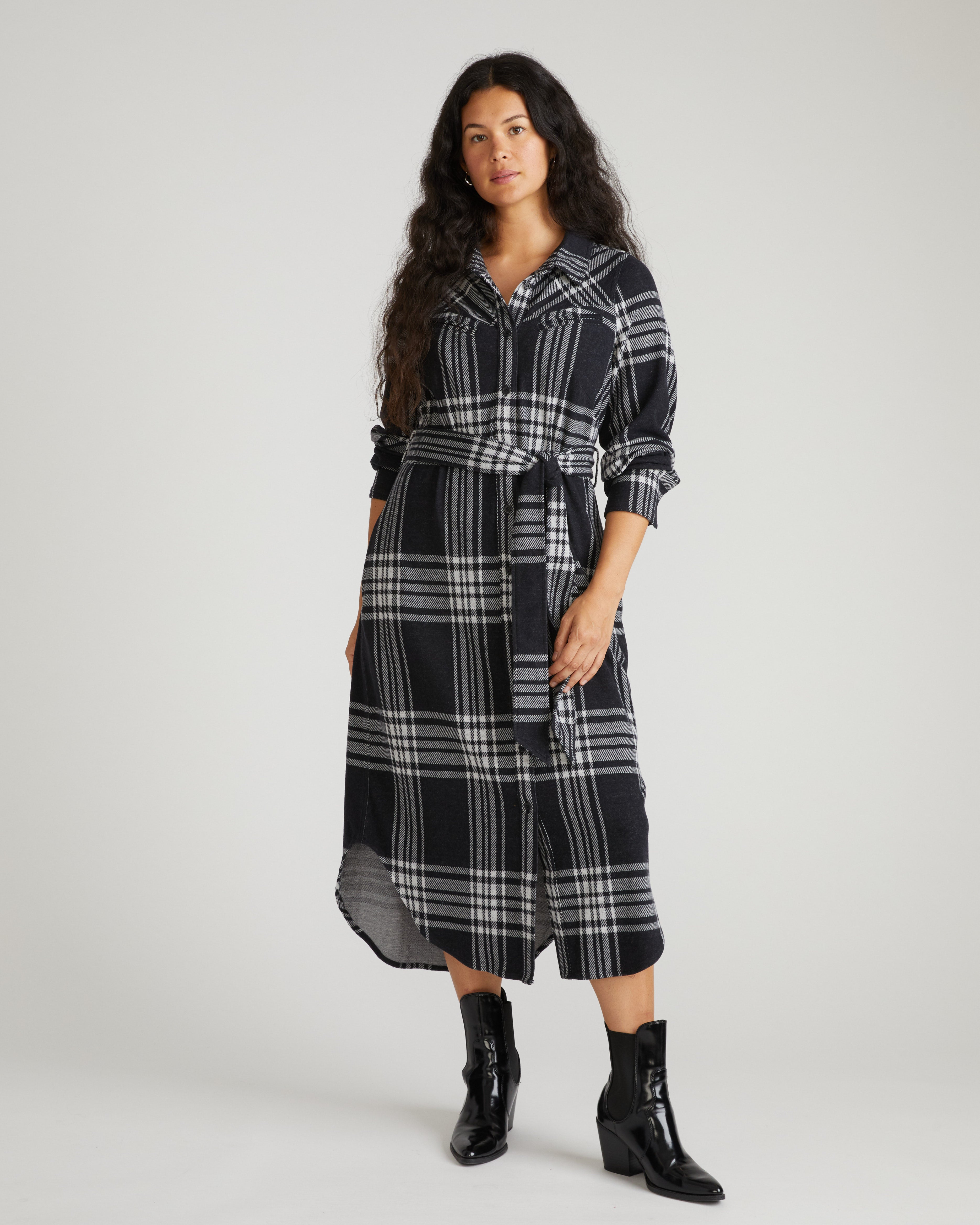 Morgan Belted Stretch Flannel Shirtdress - Highland Hug Black Plaid