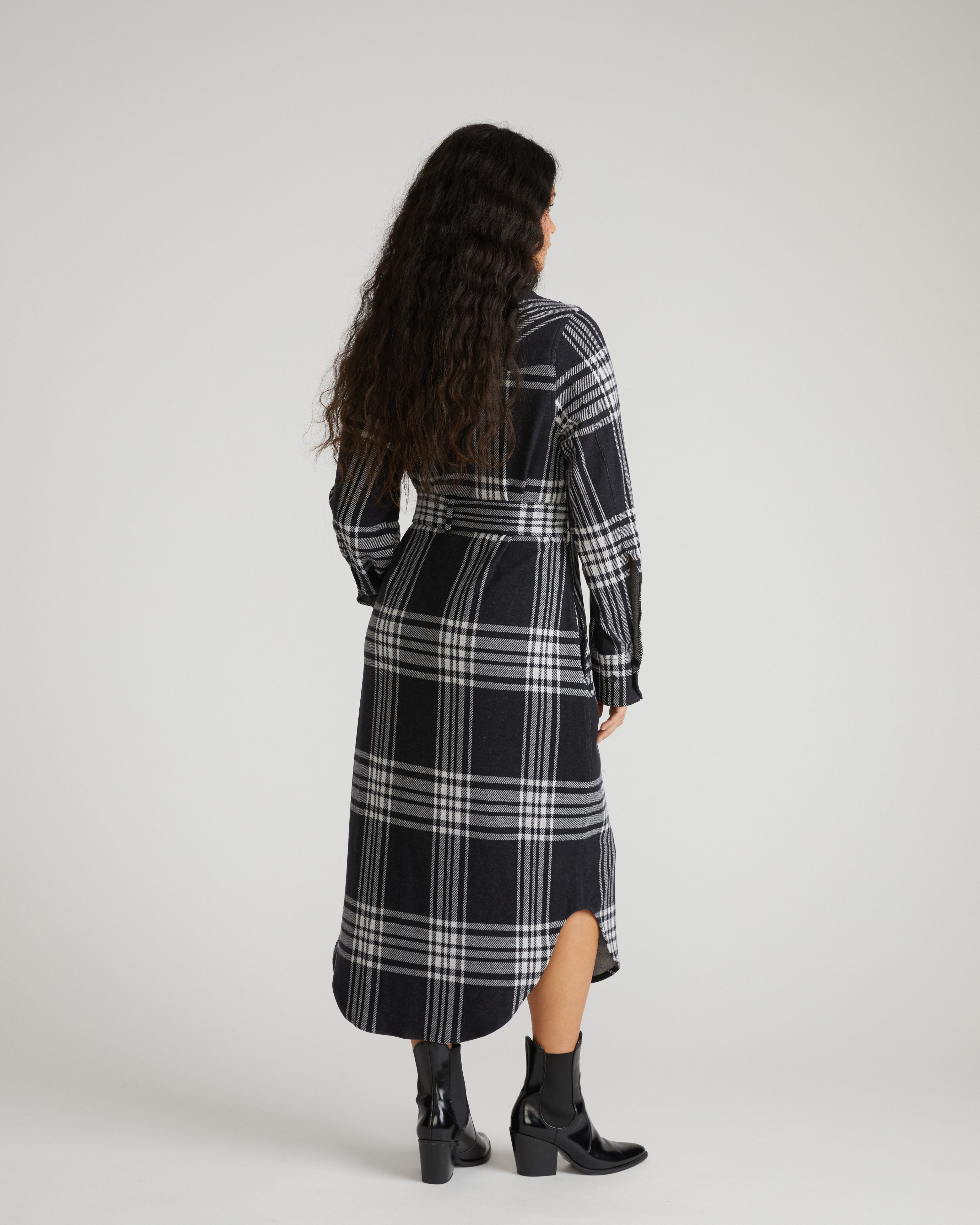 Morgan Belted Stretch Flannel Shirtdress - Highland Hug Black Plaid