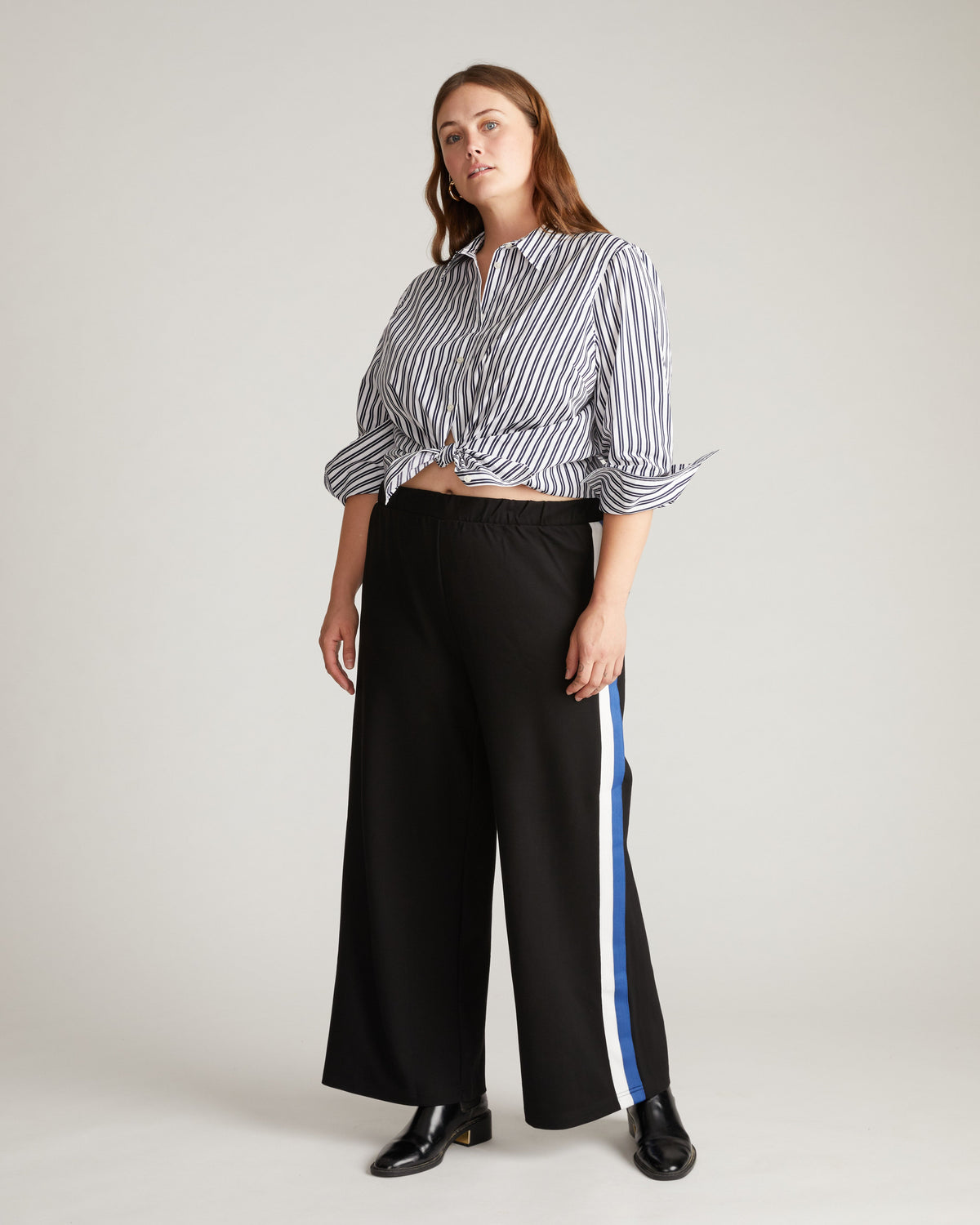 Stephanie Wide Leg Stripe Ponte Pants 30 Inch - Black with Blue/White Stripe
