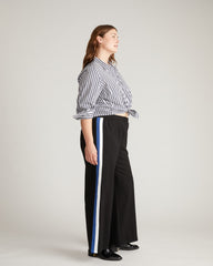 Stephanie Wide Leg Stripe Ponte Pants 30 Inch - Black with Blue/White Stripe