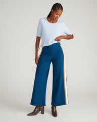 Stephanie Wide Leg Stripe Ponte Pants 30 Inch - Deep Teal with Camel/Ecru Stripe
