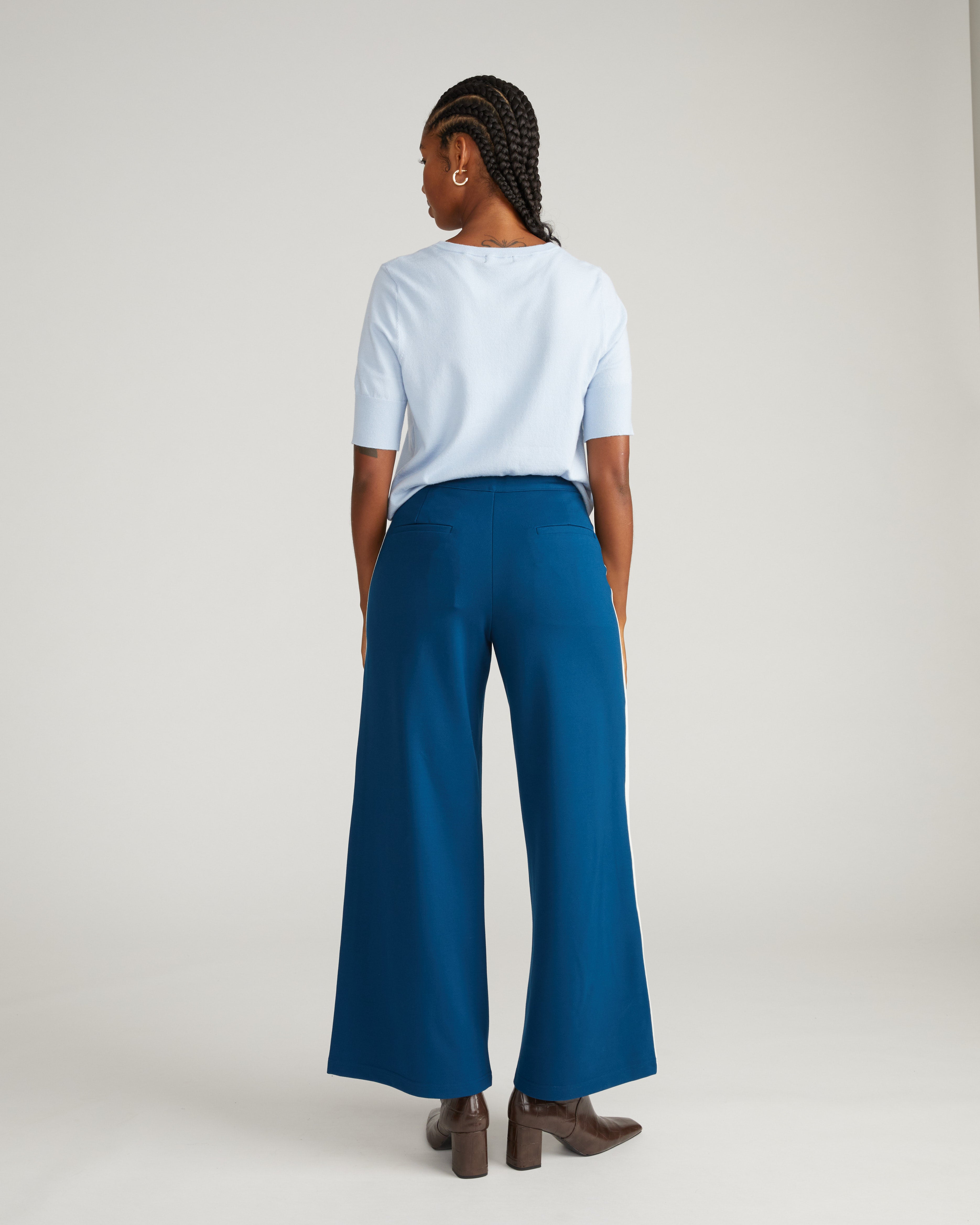 Stephanie Wide Leg Stripe Ponte Pants 30 Inch - Deep Teal with Camel/Ecru Stripe