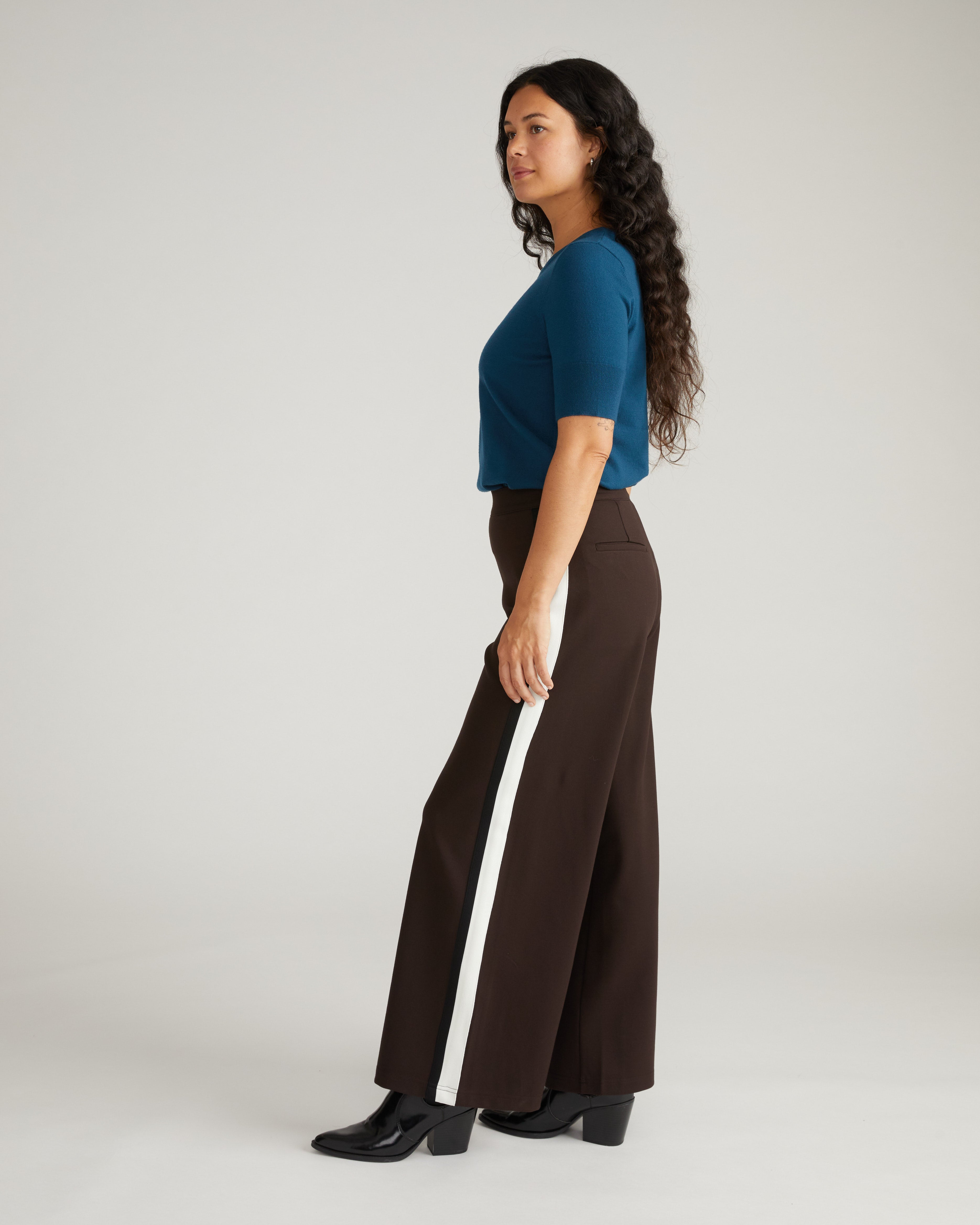 Stephanie Wide Leg Stripe Ponte Pants 30 Inch - Espresso with Black/Ecru Stripe
