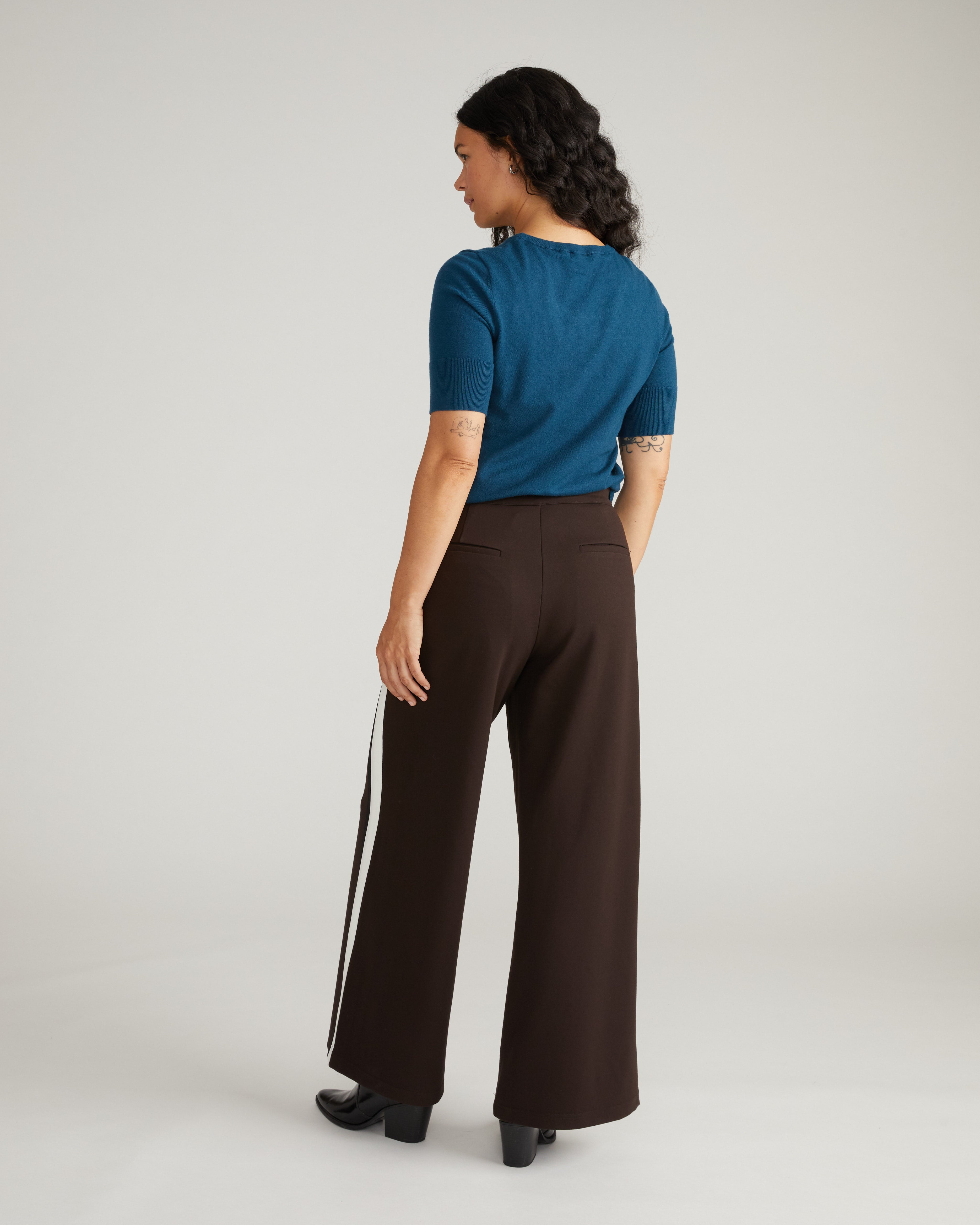 Stephanie Wide Leg Stripe Ponte Pants 30 Inch - Espresso with Black/Ecru Stripe