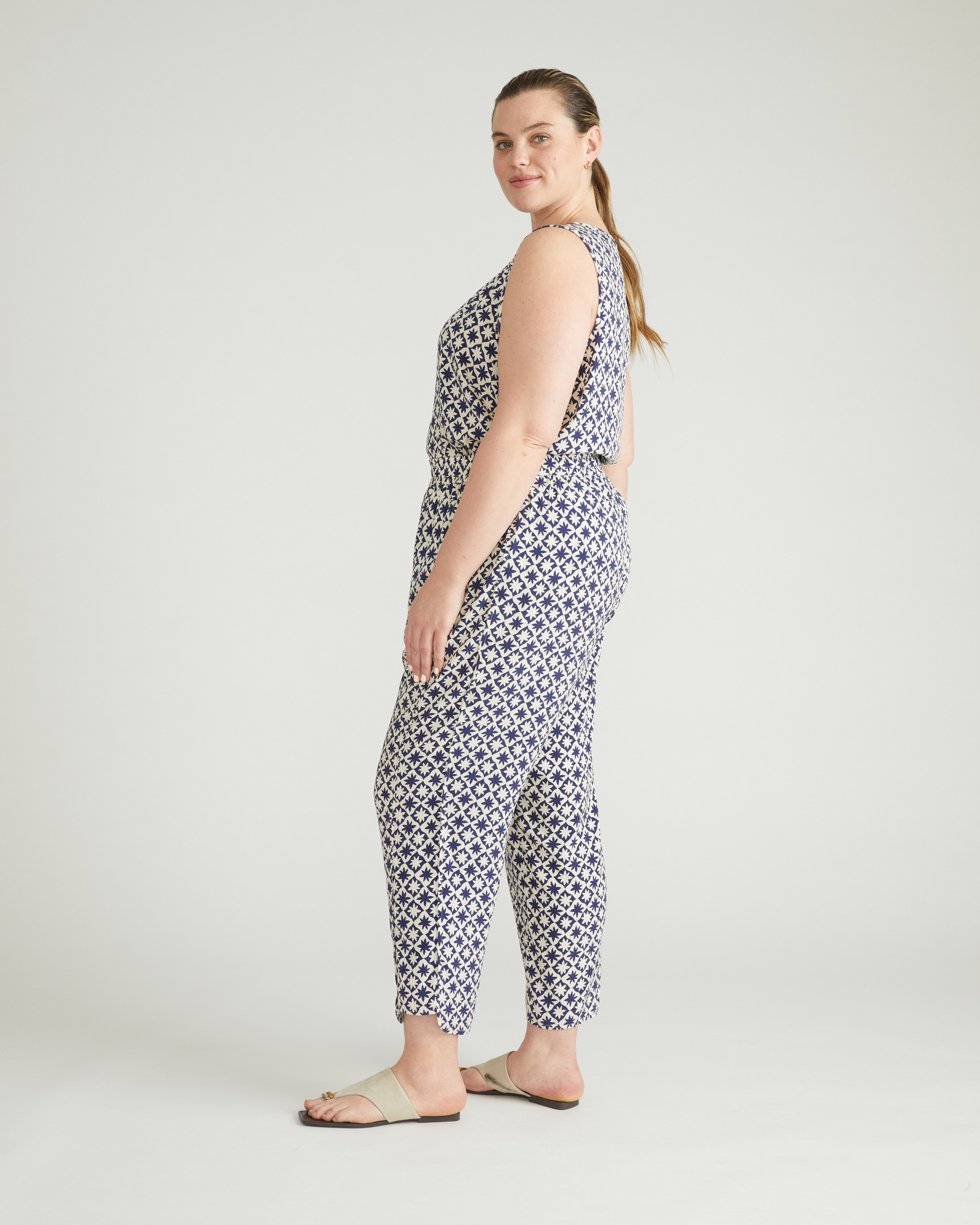 Cooling Stretch Cupro Pants - Navy Hacienda Print