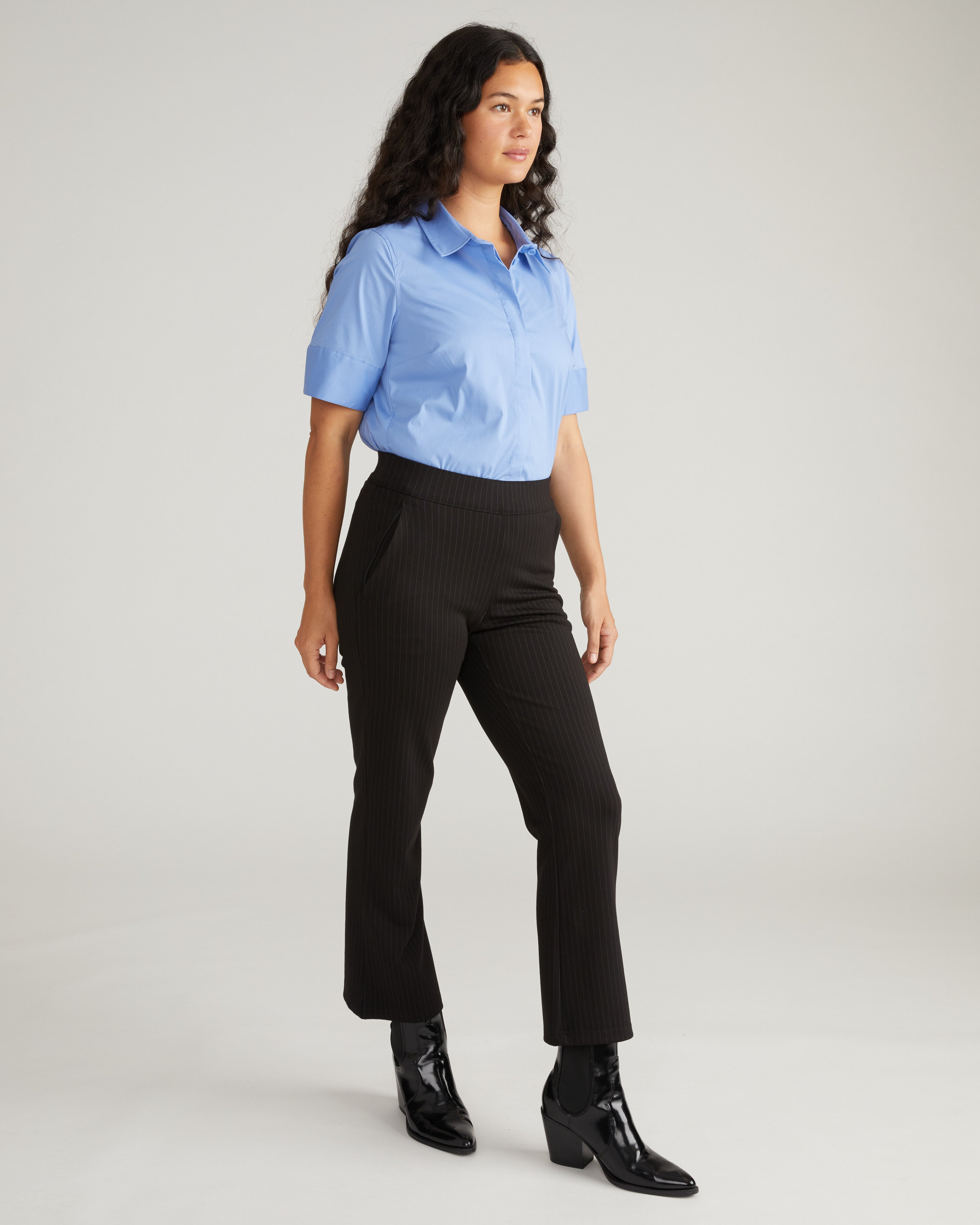 Amaya Ponte Kick Flare Pants - Slate Pinstripe