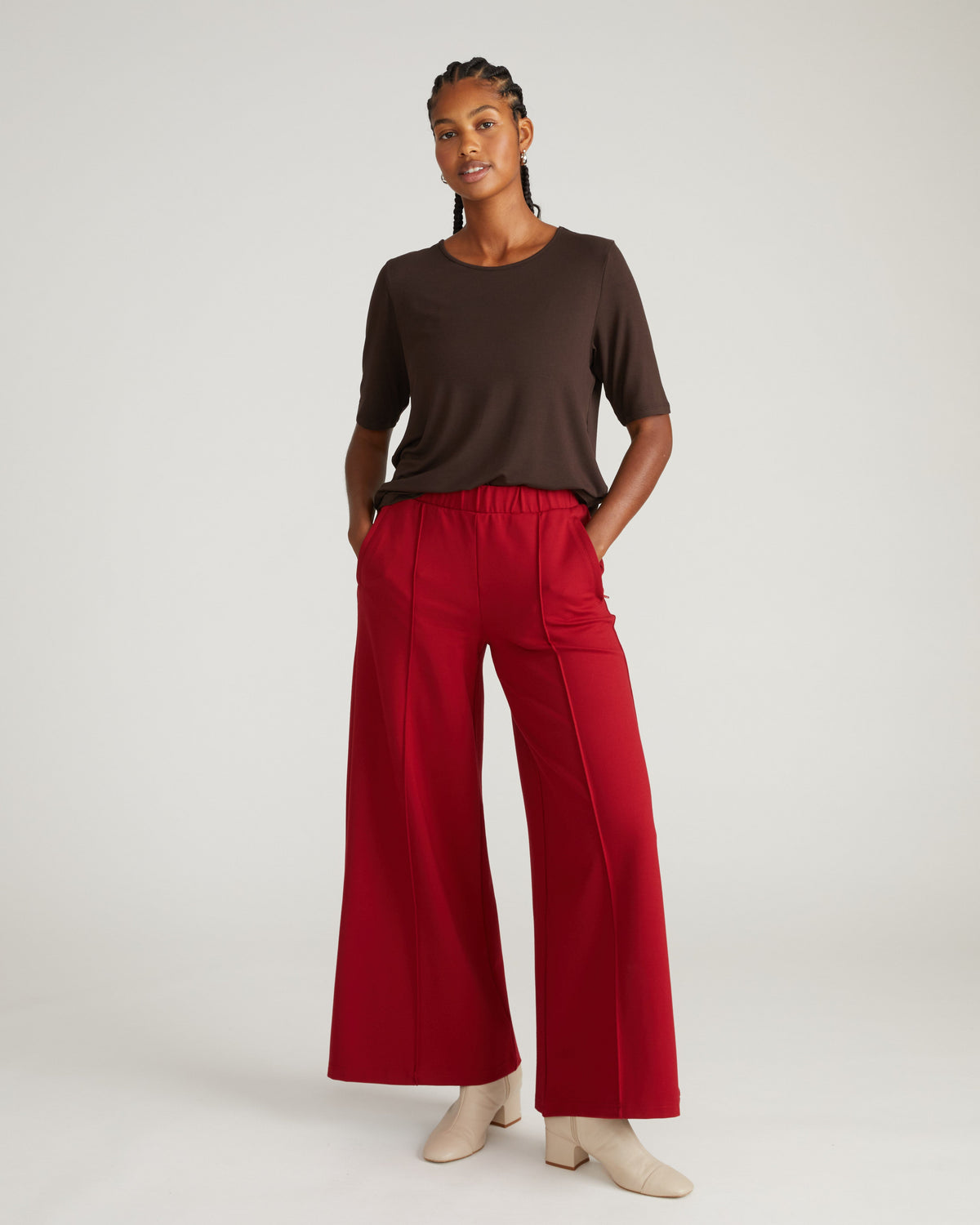 Pam Pintuck Wide Leg Ponte Pants - Garnet