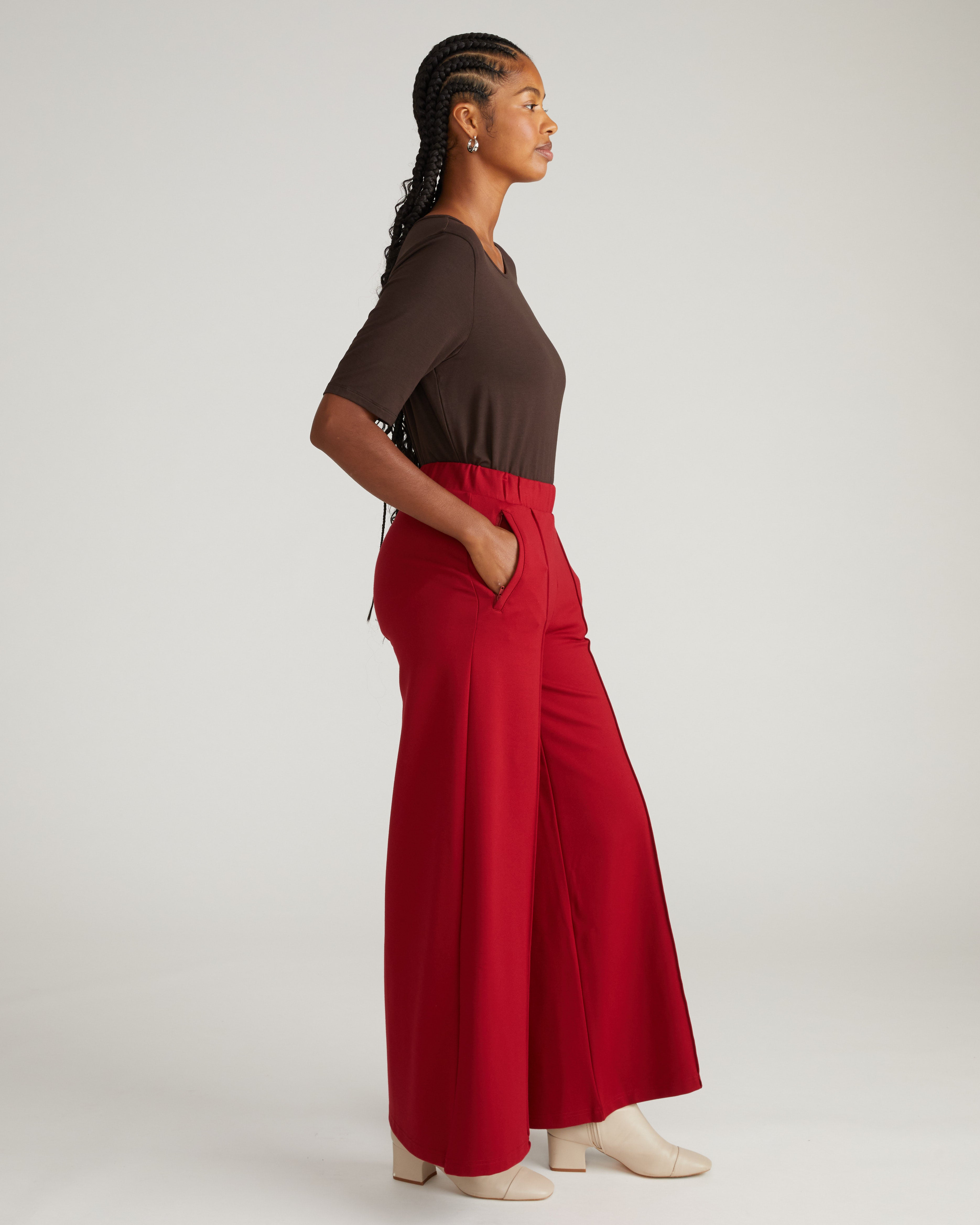 Pam Pintuck Wide Leg Ponte Pants - Garnet