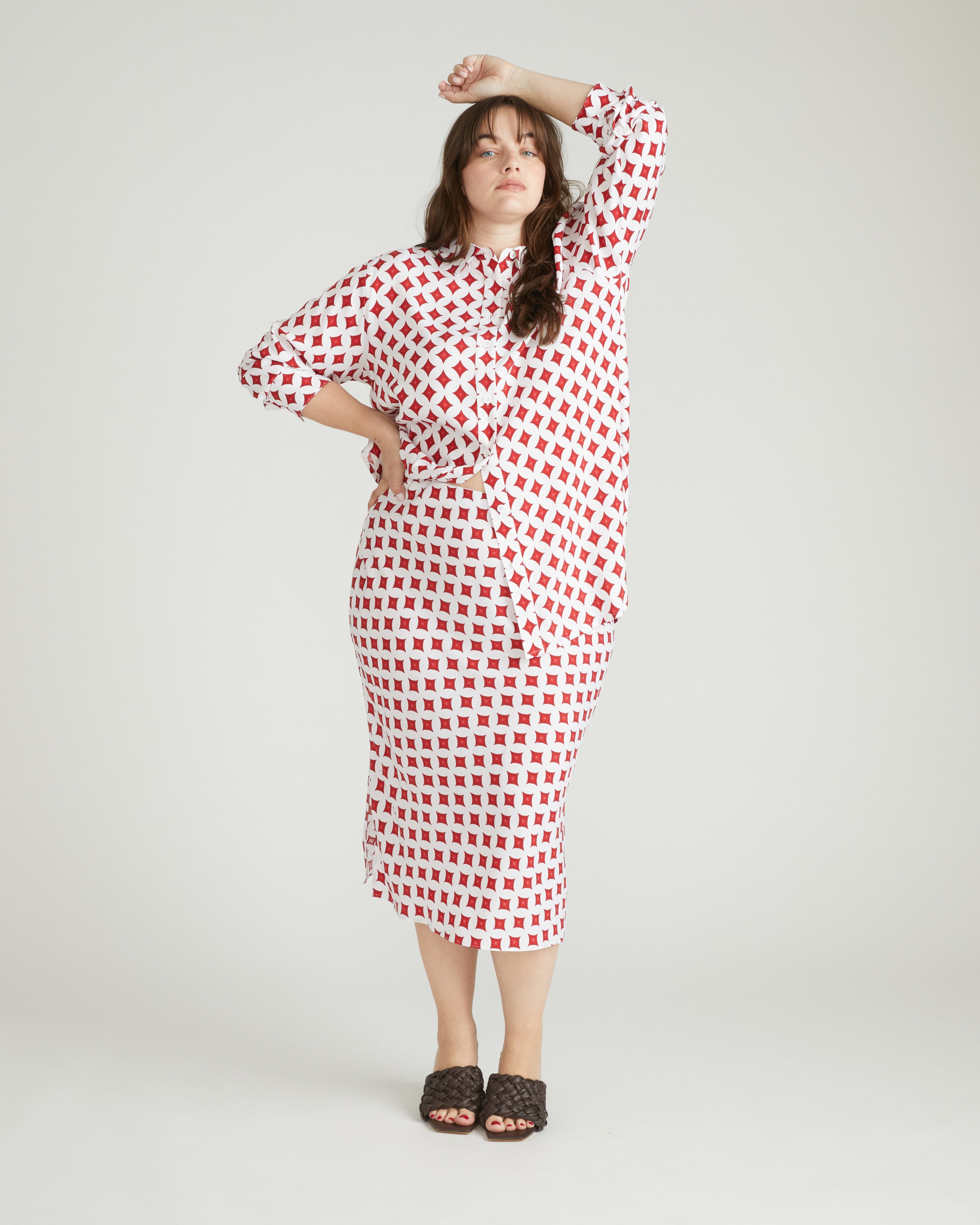 Cooling Stretch Cupro Bias Skirt - Morningstar Print in Red