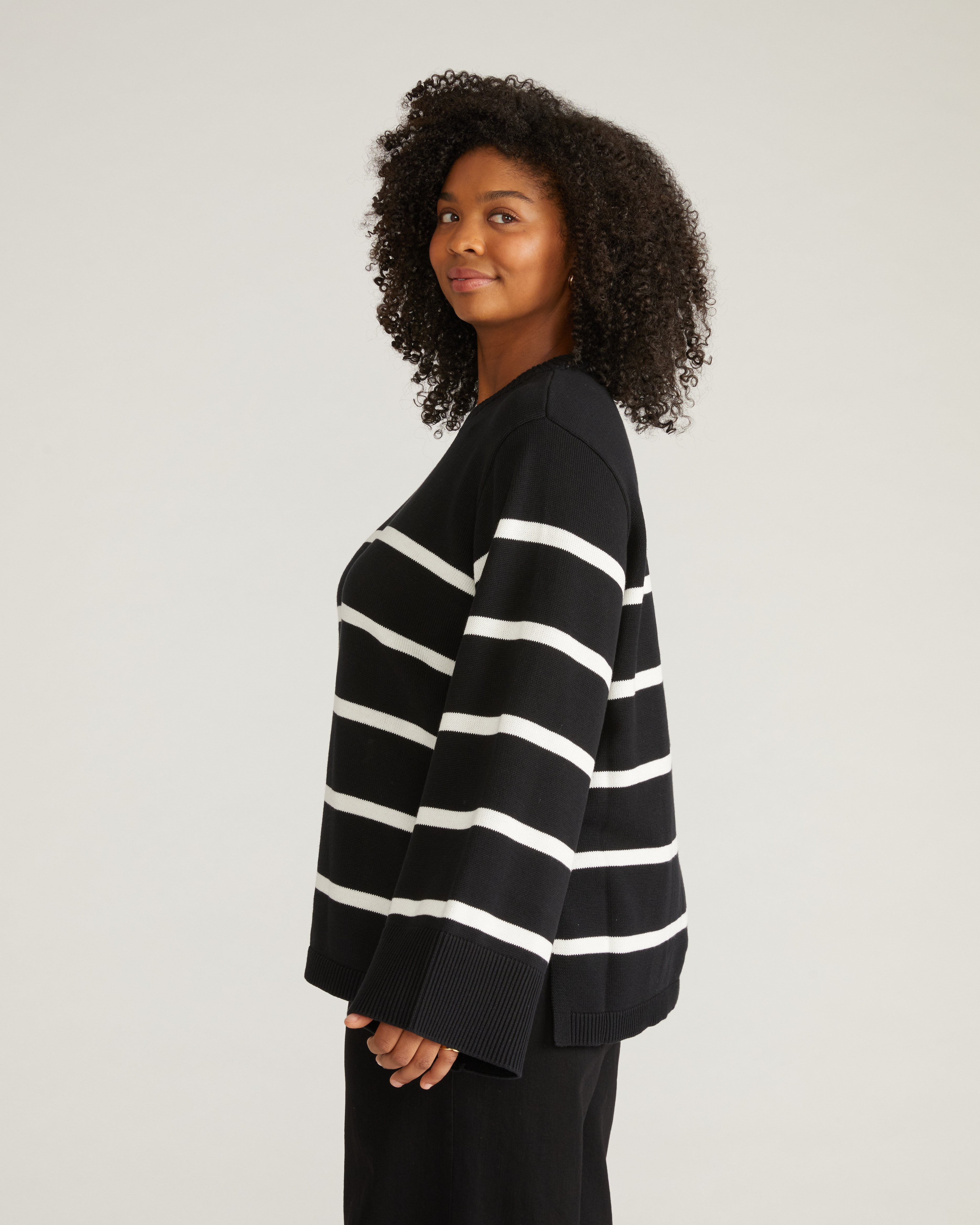 Bardot Wide Sleeve Cotton Sweater - Black/White