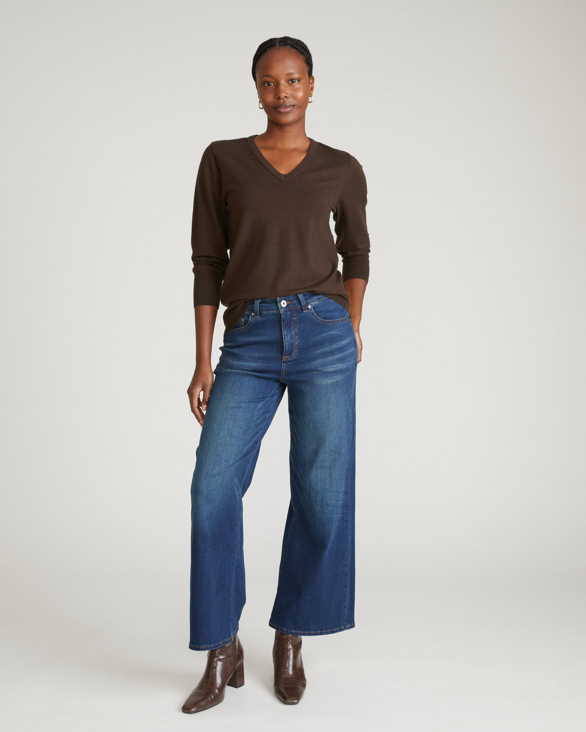 Savvy Fine Knit V Sweater - Espresso
