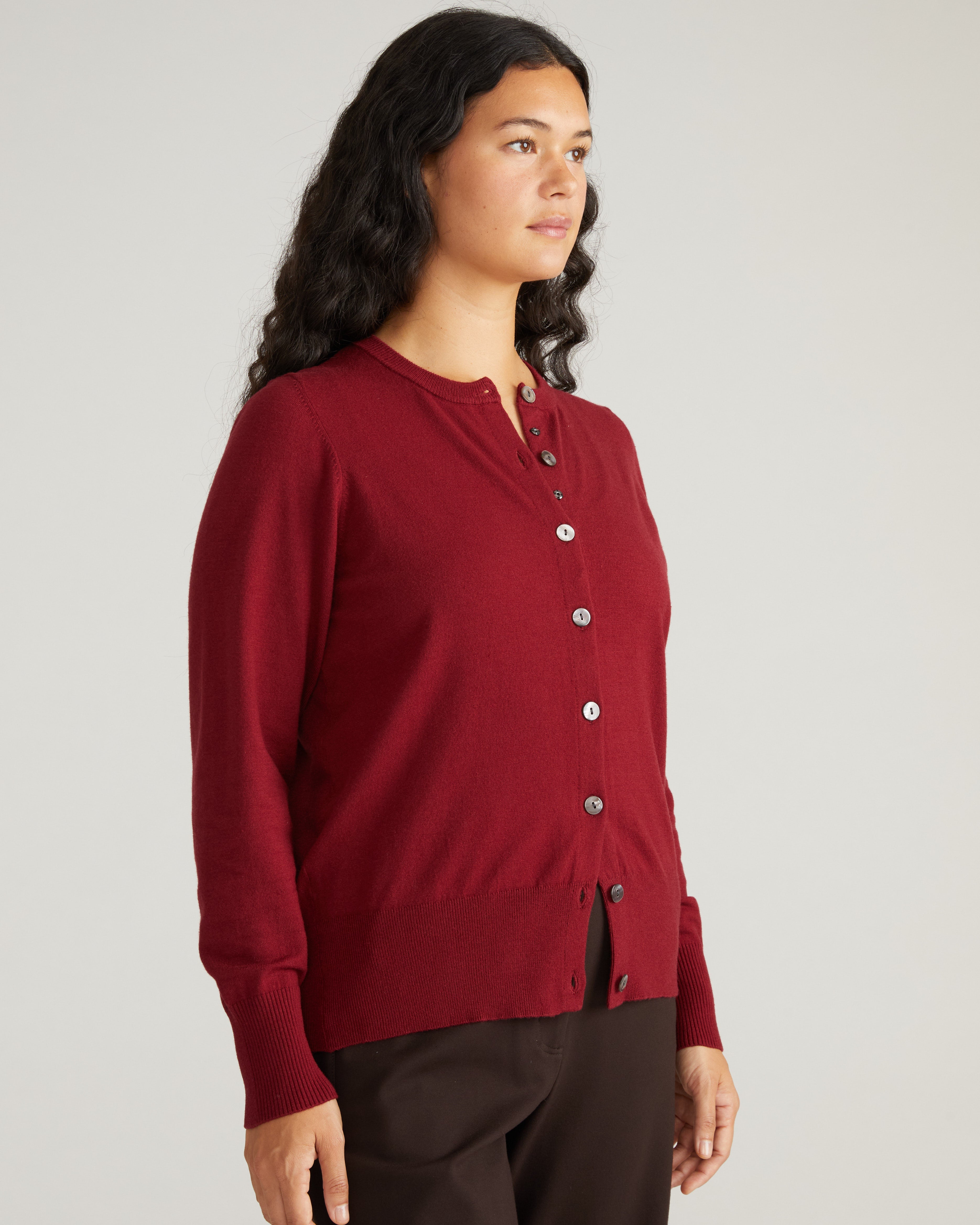Savvy Fine Knit Crewneck Cardigan - Garnet