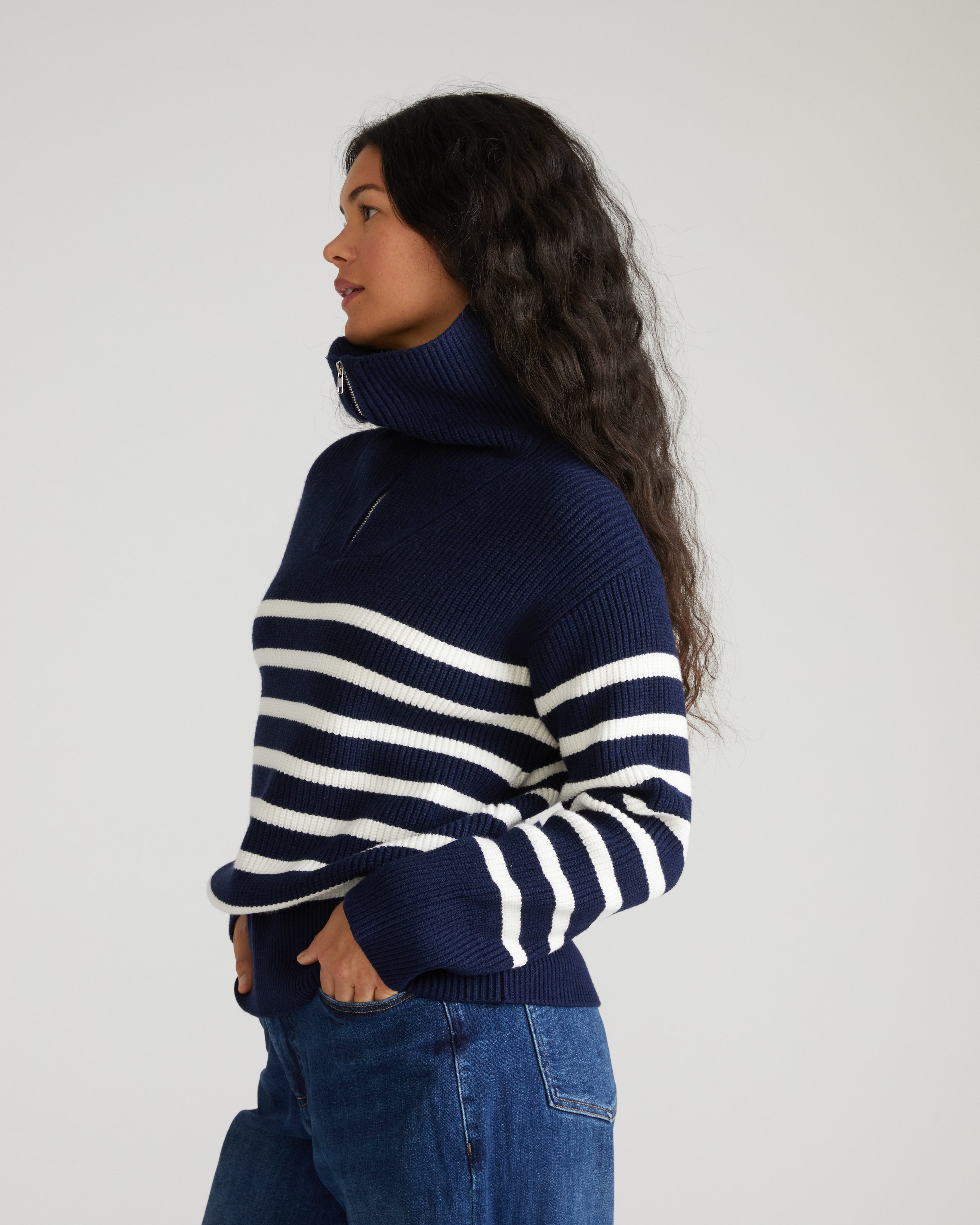 Brenda Zip Sweater - Navy/Cream Stripes