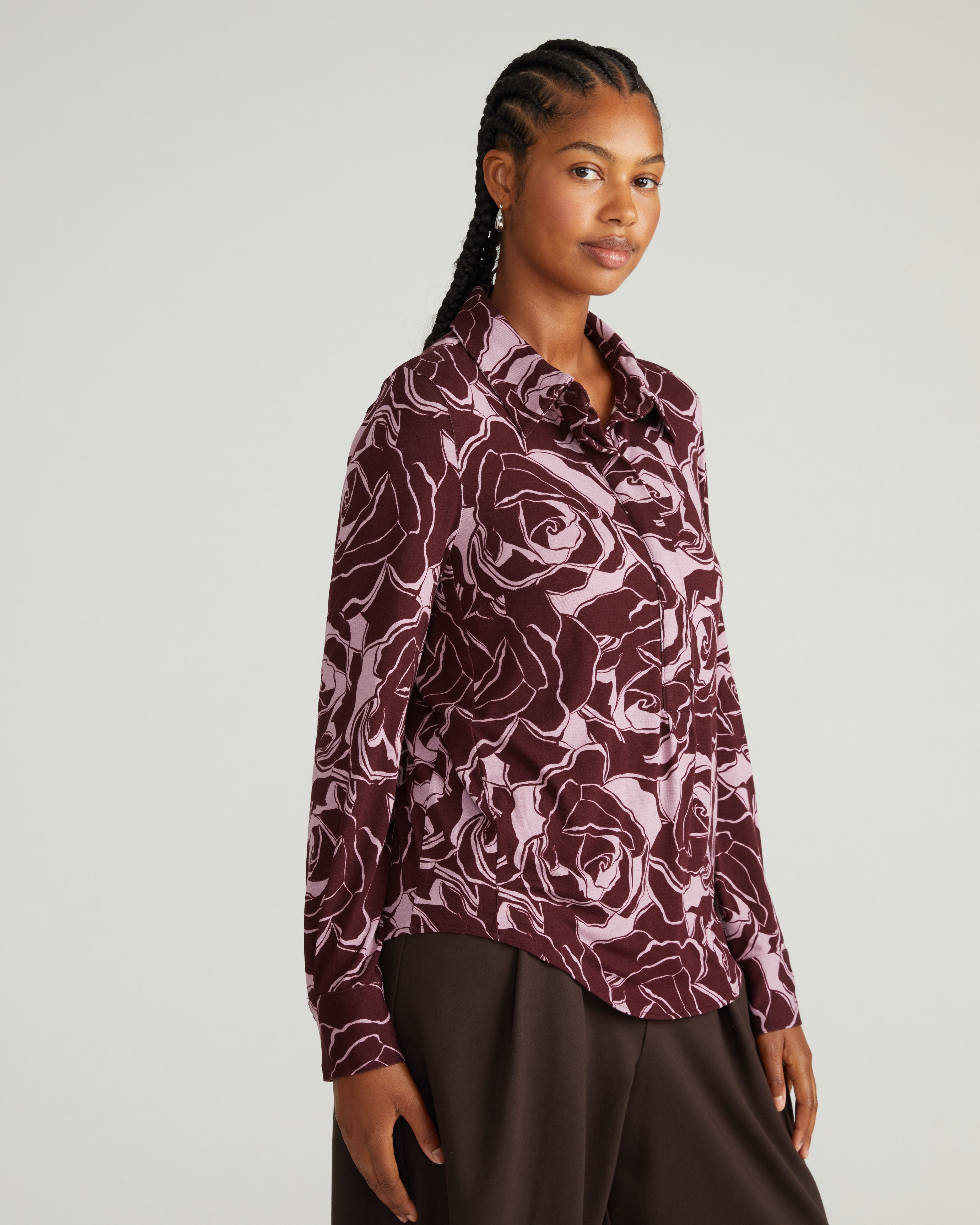 Elbe Popover Liquid Jersey Shirt Classic Fit - Rose Print in Black Cherry