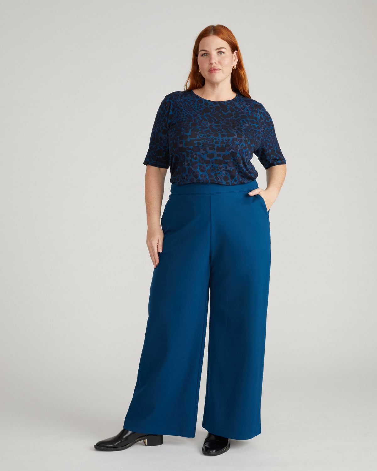 Lily Liquid Jersey Crew Neck Stovepipe Tee - Deep Teal Animal Print