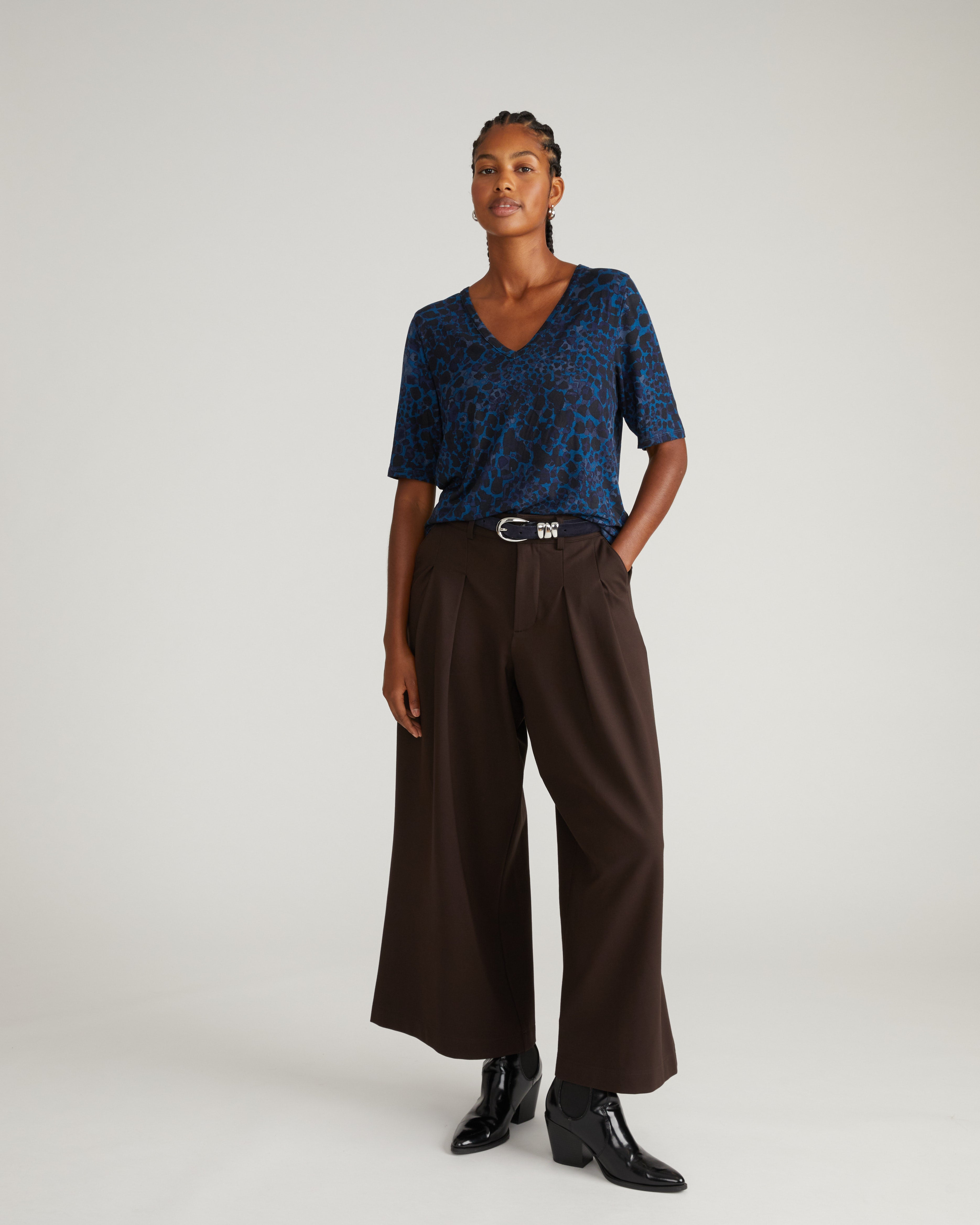 Lily Liquid Jersey V-Neck Stovepipe Tee - Deep Teal Animal Print