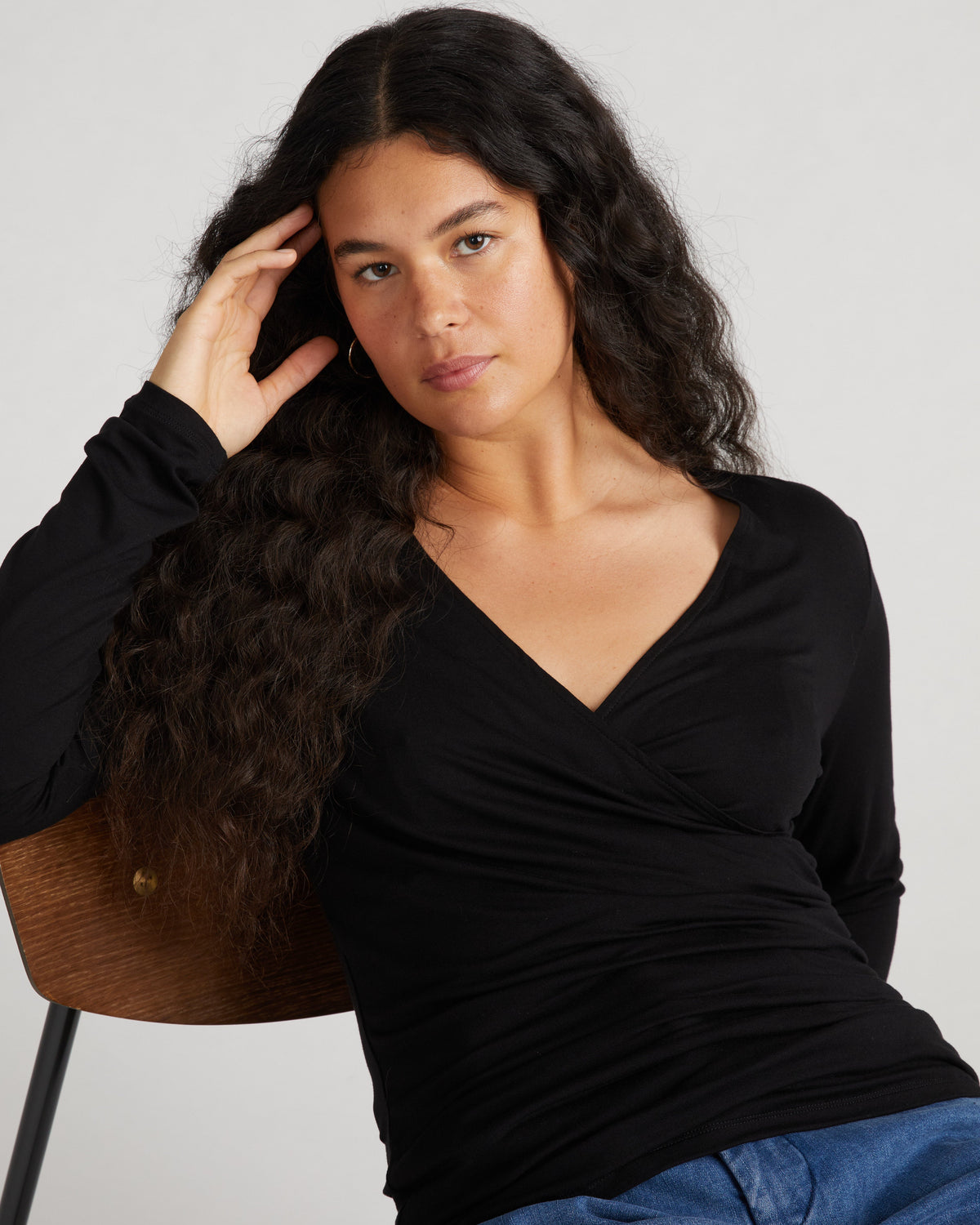 Liquid Jersey Two-Way Long Sleeve Cross Top - Black