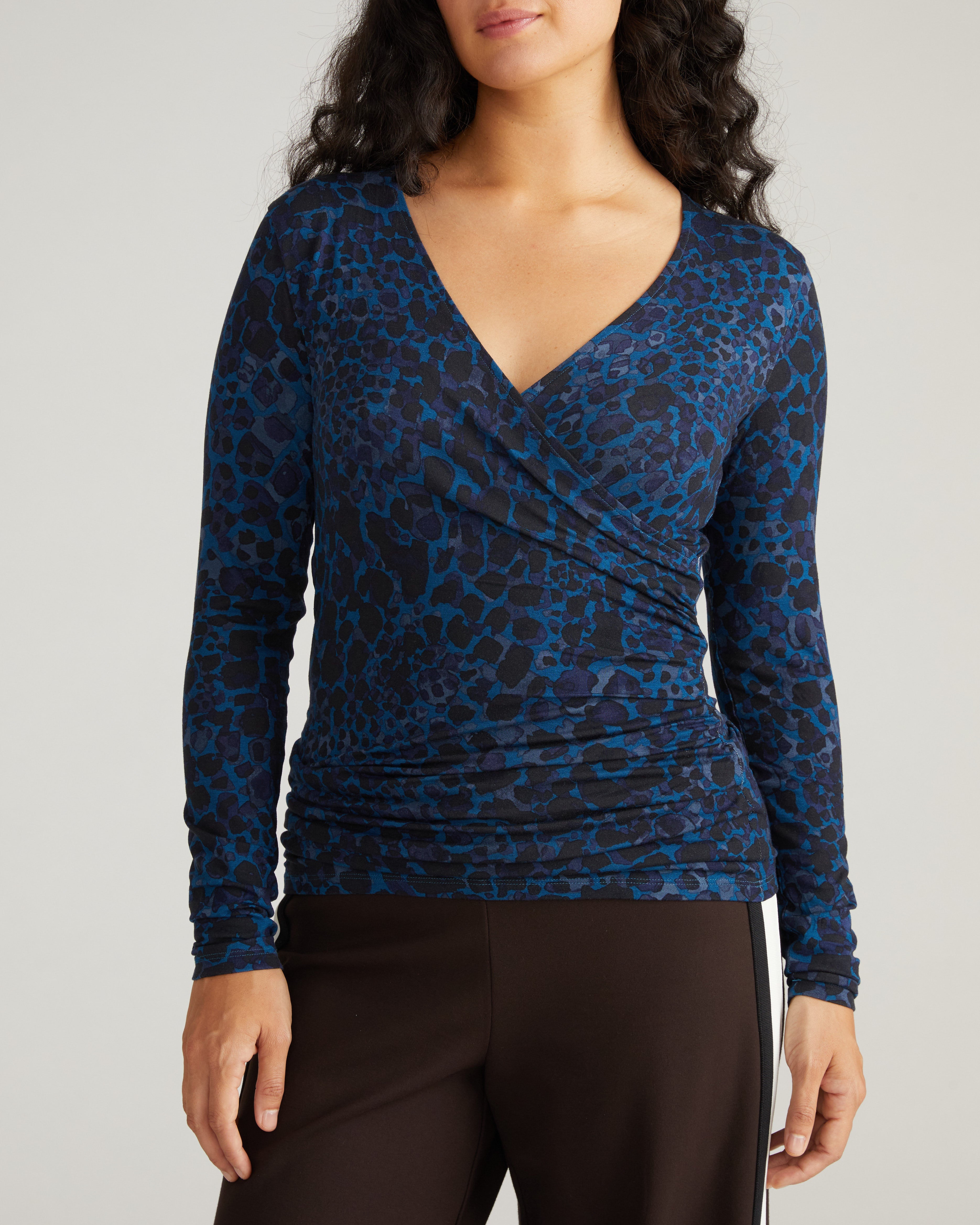 Liquid Jersey Two-Way Long Sleeve Cross Top - Deep Teal Animal Print