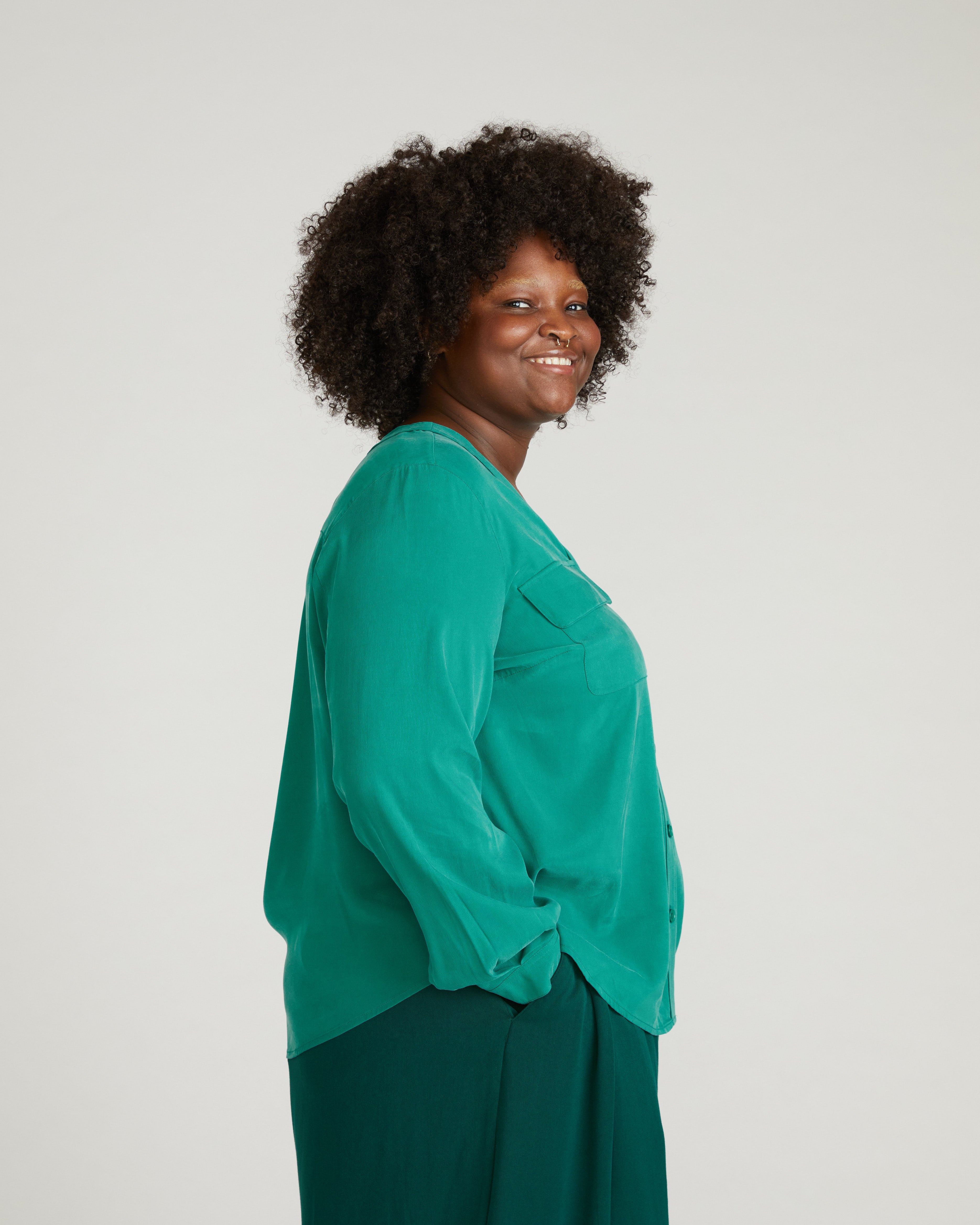 Cooling Stretch Cupro Button-Down Blouse - Green Tourmaline