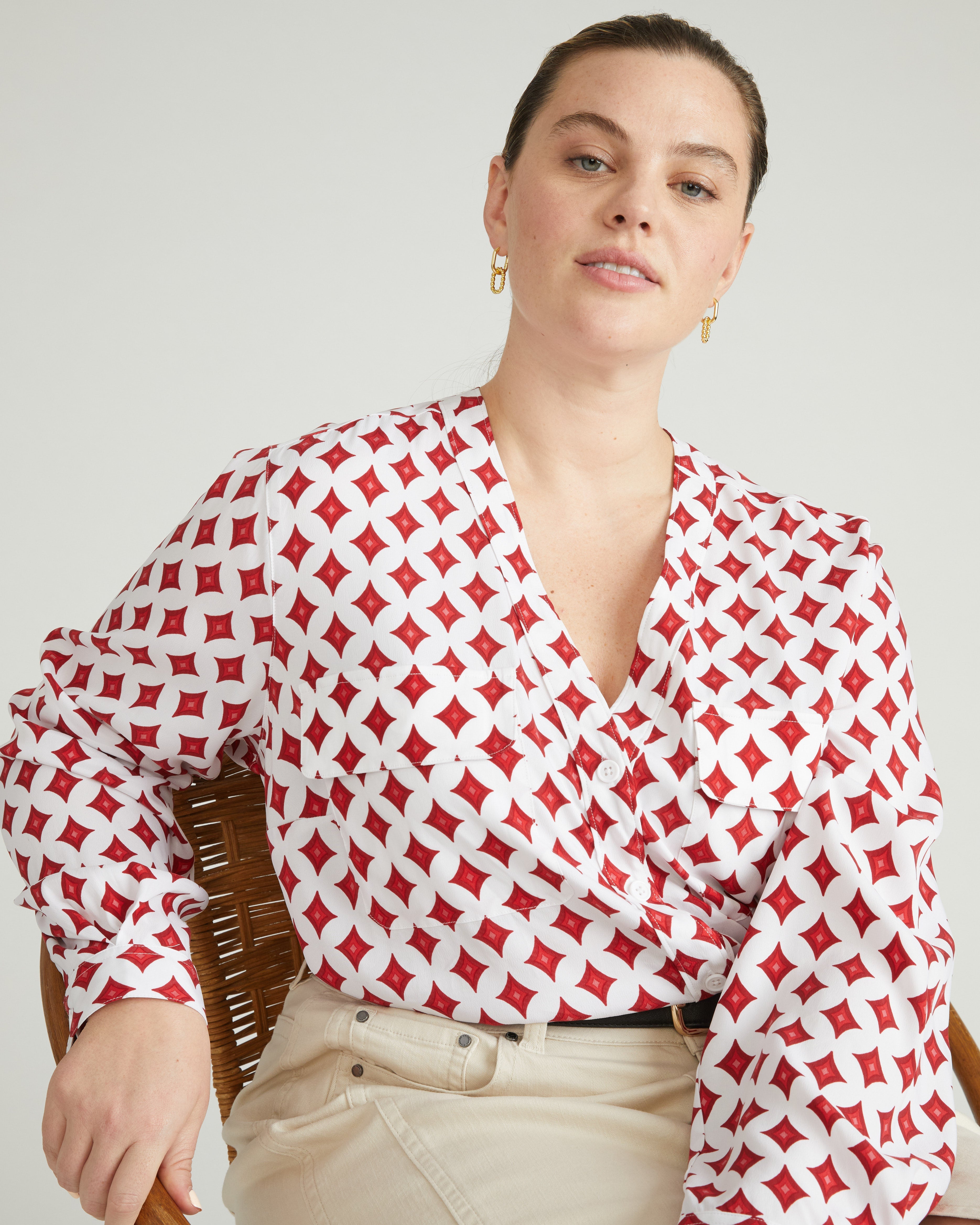 Cooling Stretch Cupro Button-Down Blouse - Morningstar Print in Red
