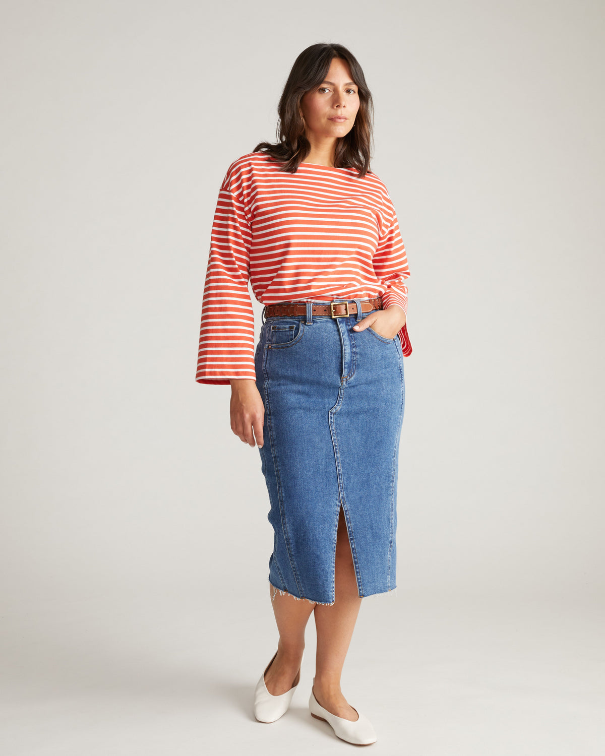 Montauk Breton Stripe Bell Sleeve Top - Coral Reef/White Stripe
