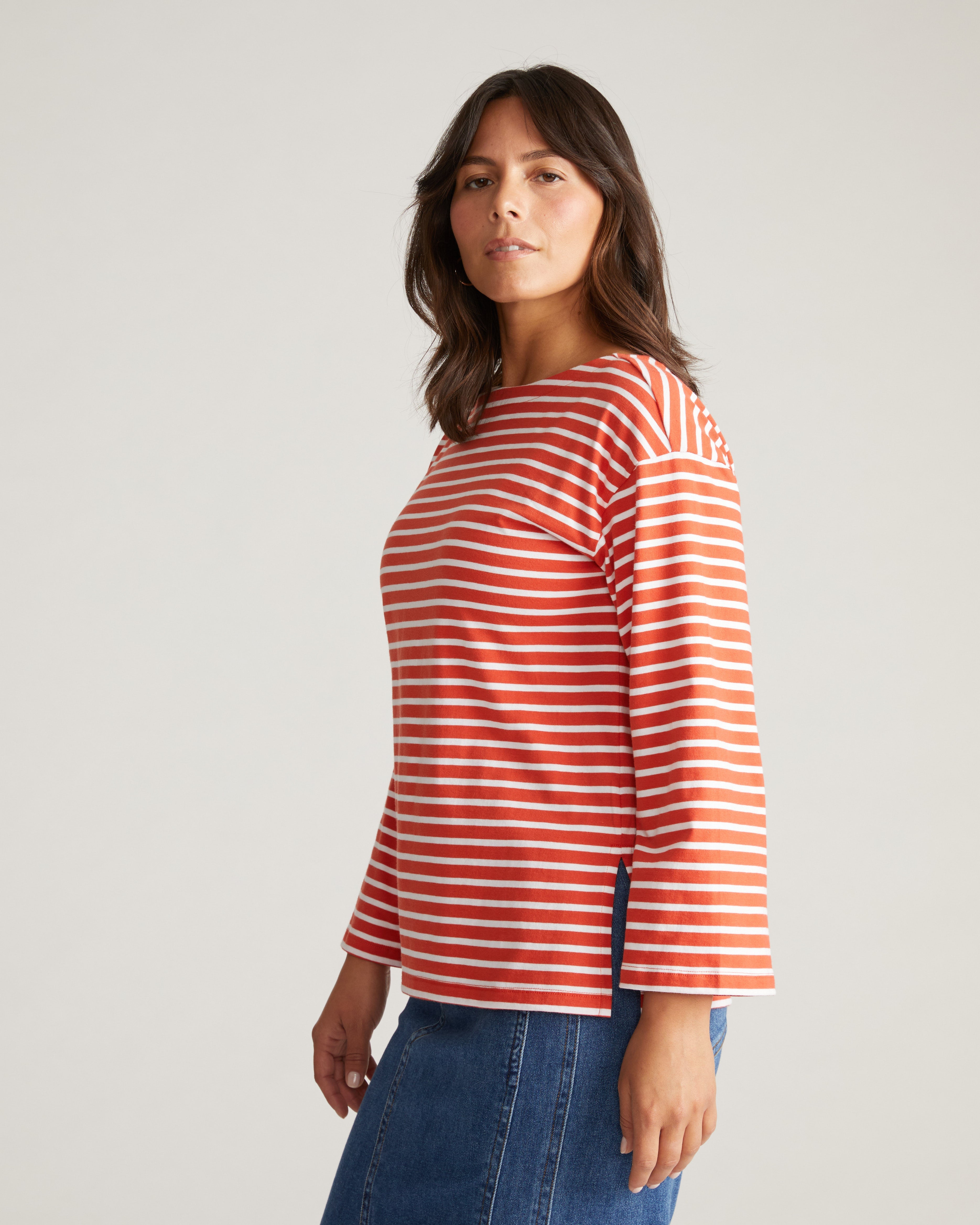 Montauk Breton Stripe Bell Sleeve Top - Coral Reef/White Stripe