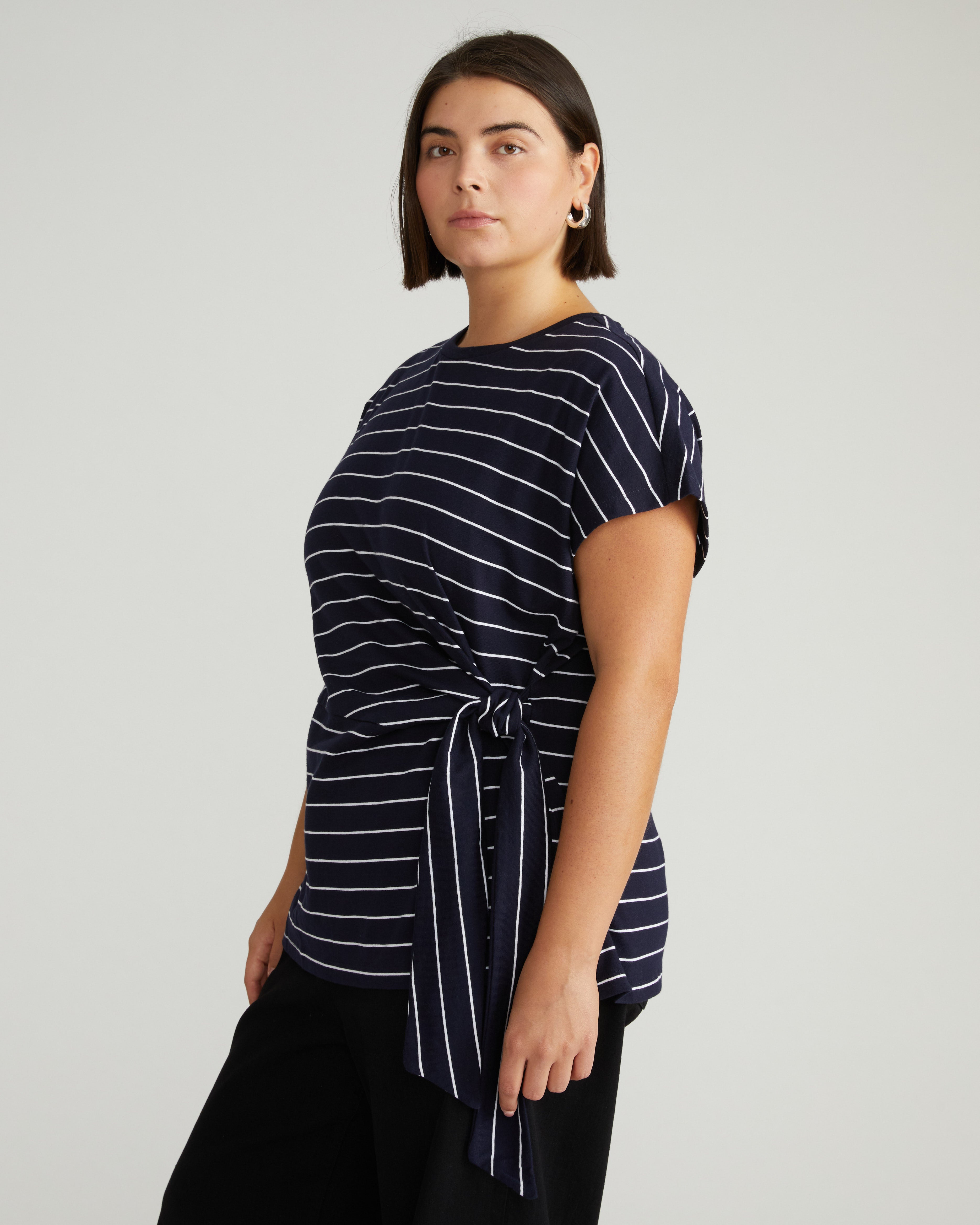 Crescent Breton Stripe Knot Tee - Navy Pinstripe