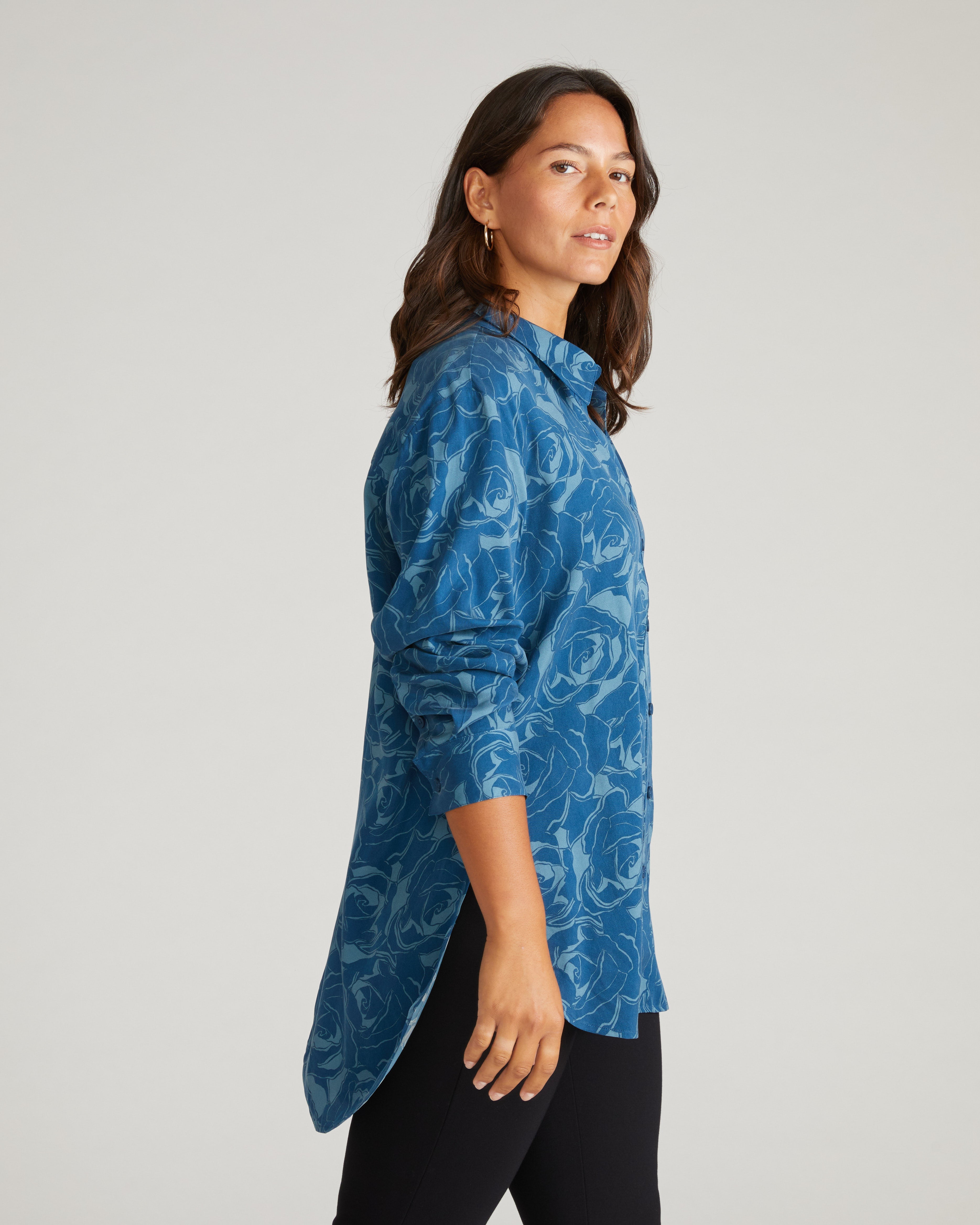 Cooling Stretch Cupro Artist Shirt - Rose Print in Deep Teal