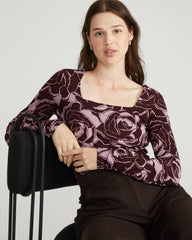 Agatha Liquid Jersey Top - Rose Print in Black Cherry