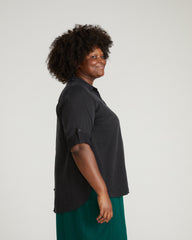 Button Back Stretch Cupro Polo Shirt - Black