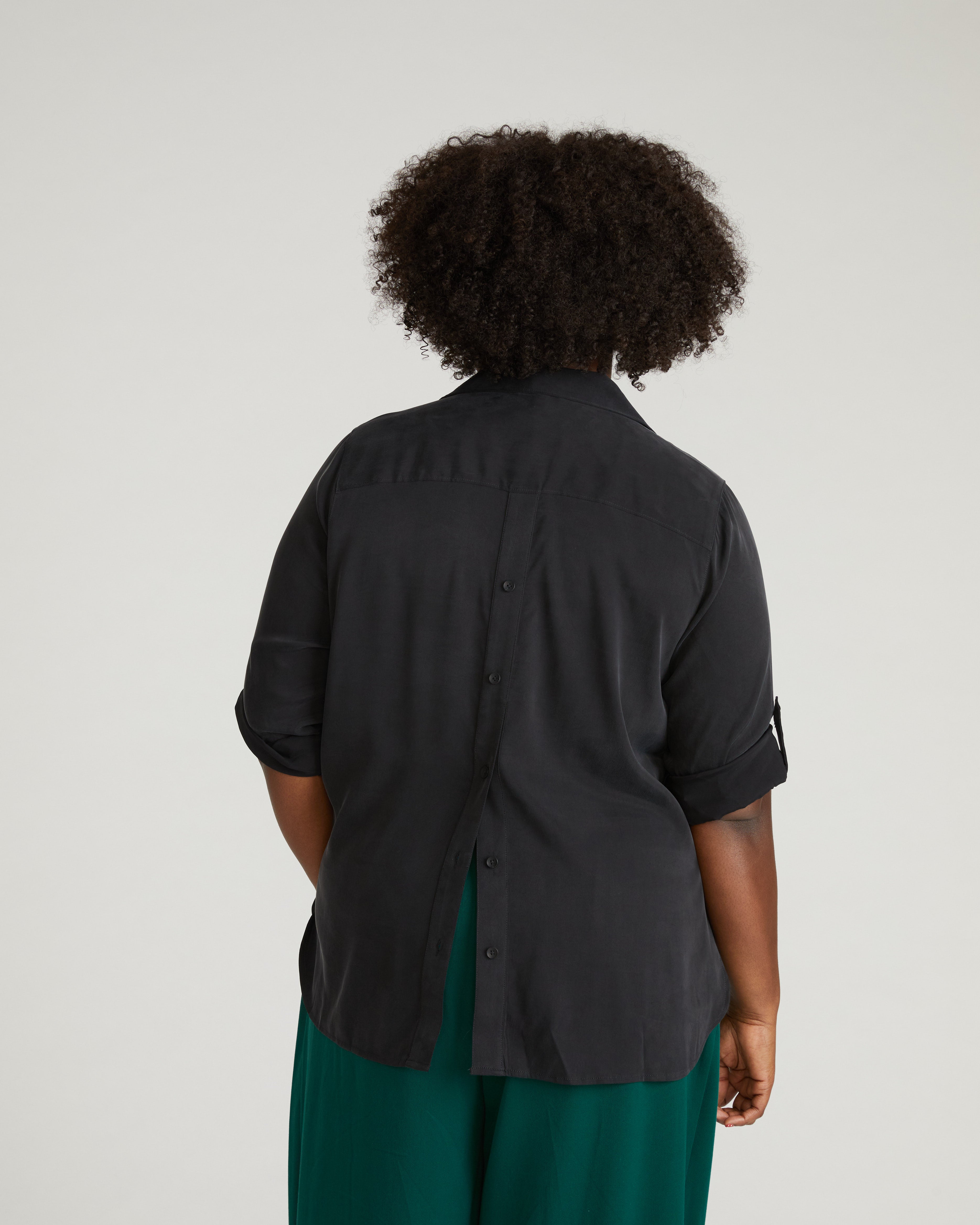 Button Back Stretch Cupro Polo Shirt - Black