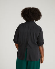 Button Back Stretch Cupro Polo Shirt - Black