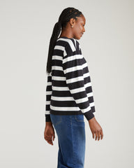 Long Sleeve Relaxed Tee - Black/White Stripe with Aqua Edge