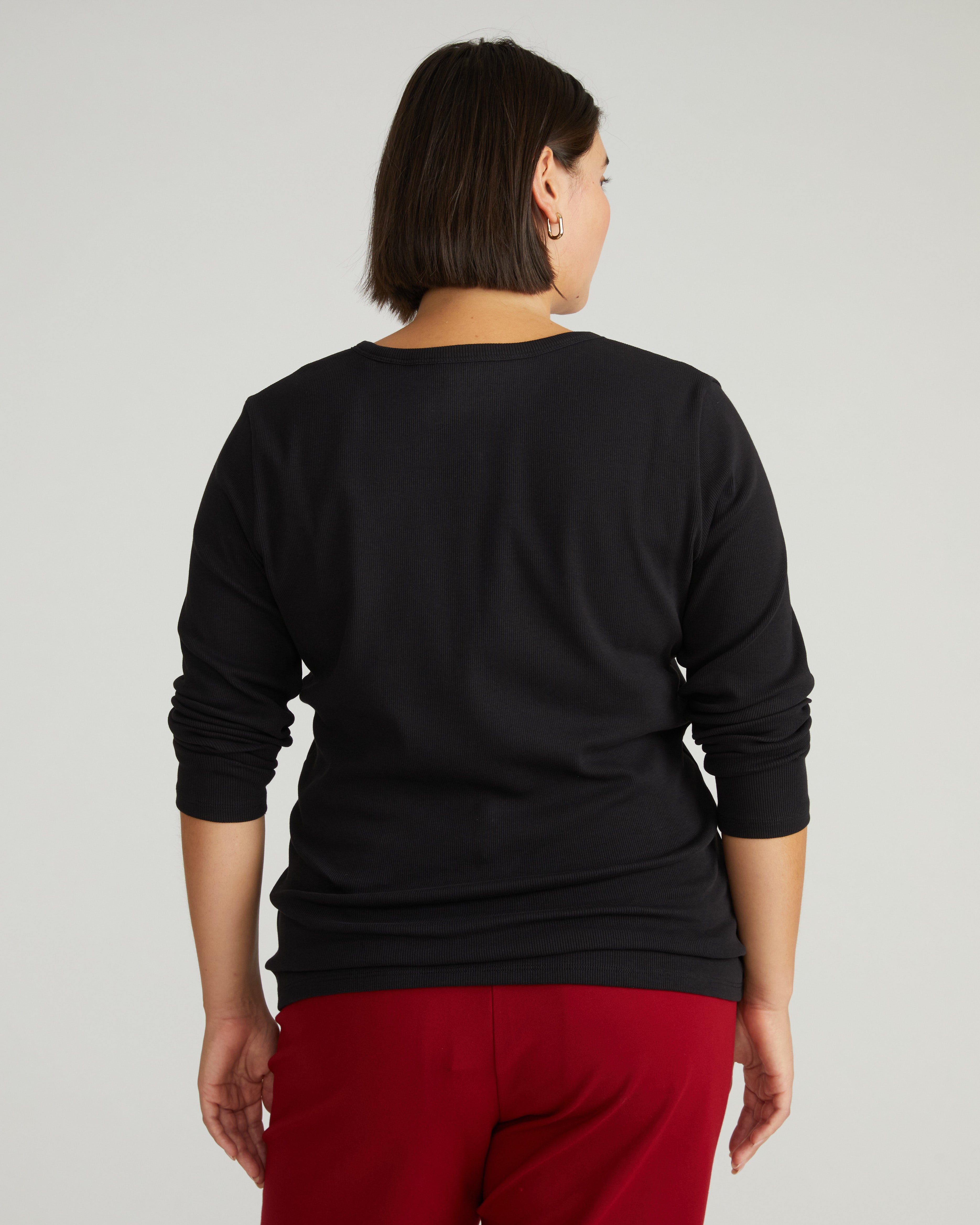 Henley Long Sleeve Ribbed Tee - Black