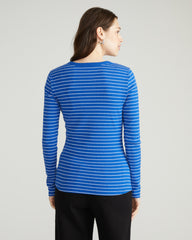 Henley Long Sleeve Ribbed Tee - Bright Blue/White Microstripe