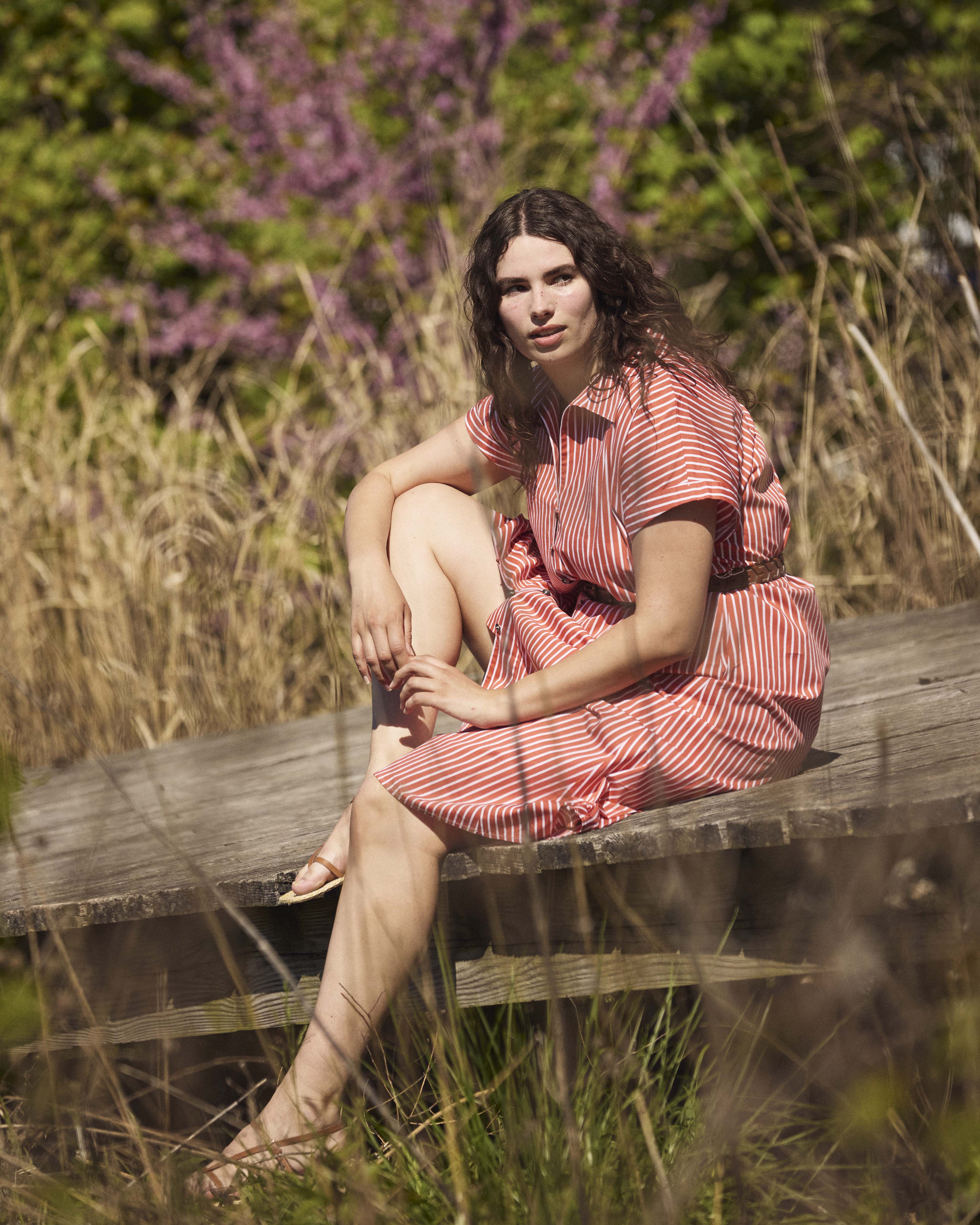 Sandy Stretch Poplin Shirtdress - Coral Reef/White Stripe