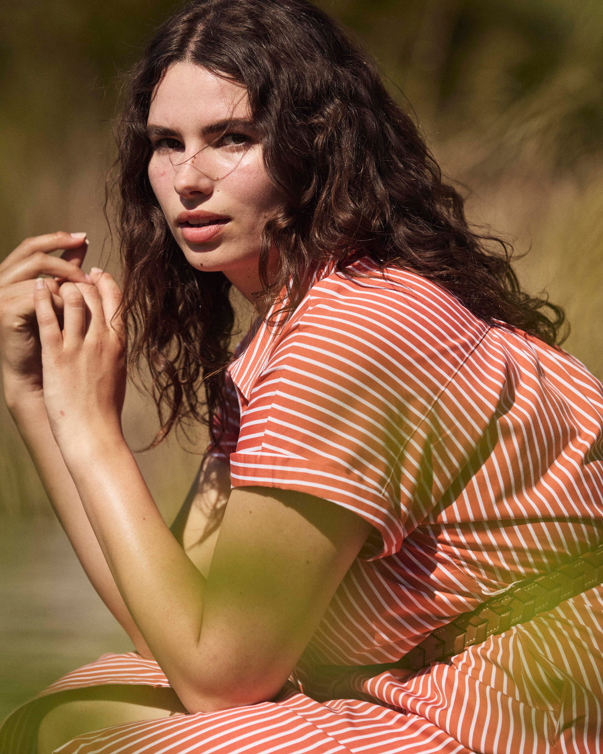 Sandy Stretch Poplin Shirtdress - Coral Reef/White Stripe