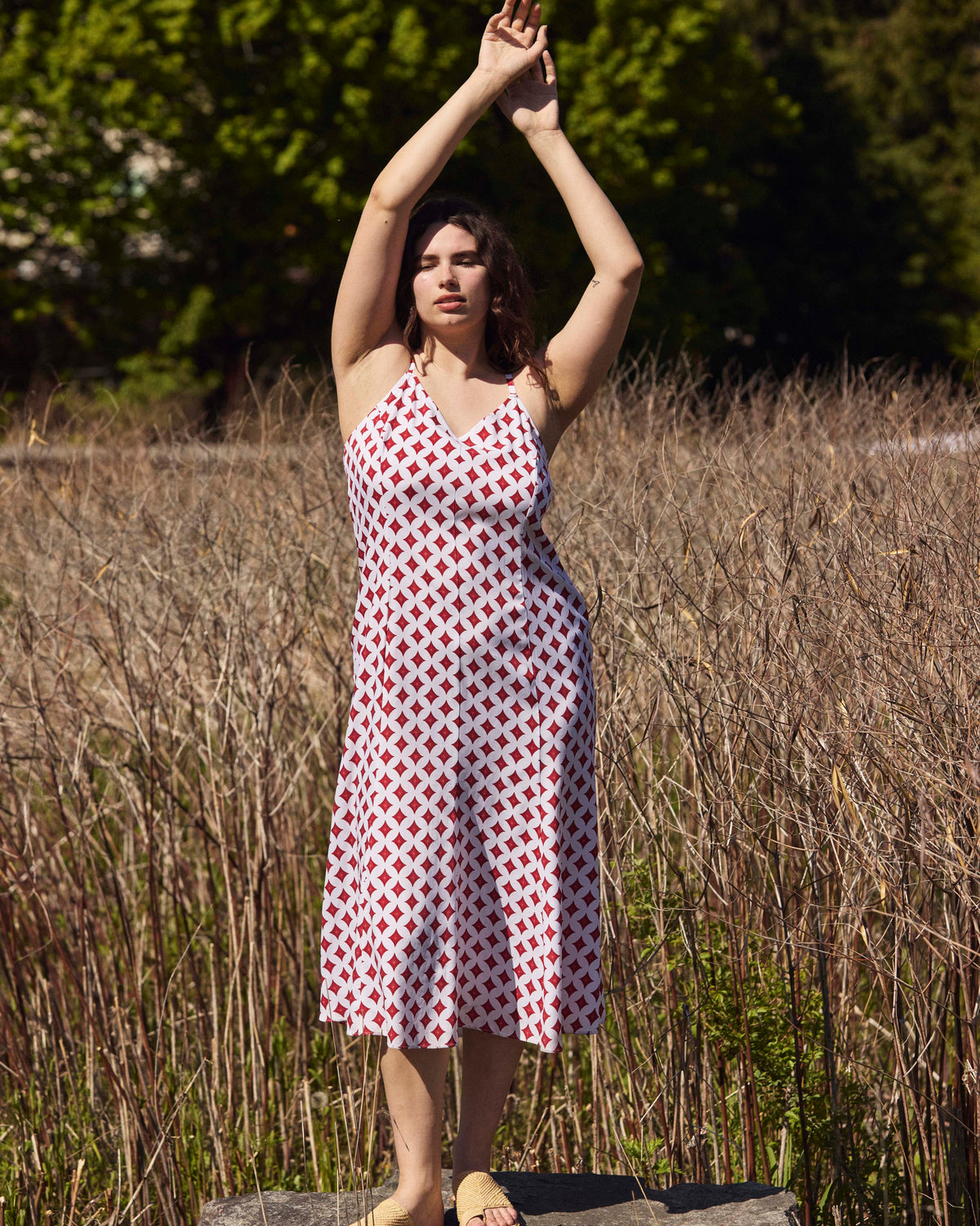 Amber Cooling Cupro Slip Dress - Morningstar Print in Red