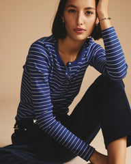 Henley Long Sleeve Ribbed Tee - Bright Blue/White Microstripe