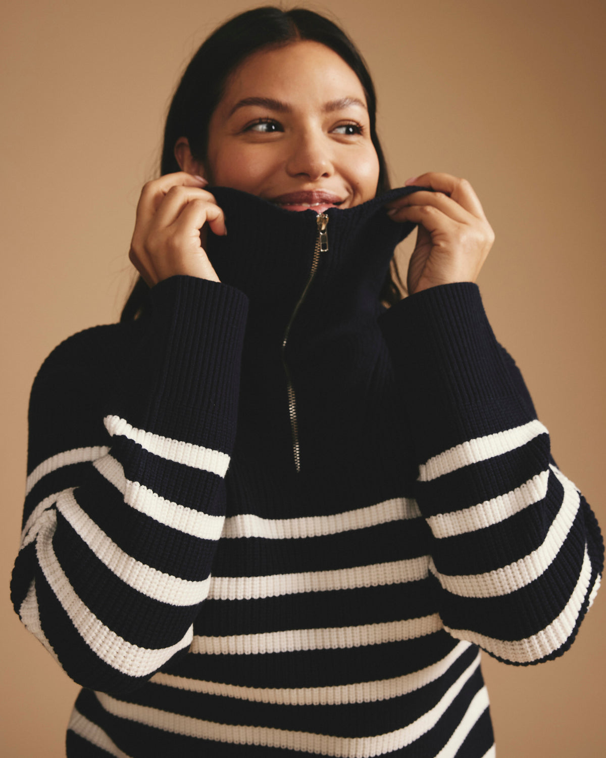 Brenda Zip Sweater - Navy/Cream Stripes