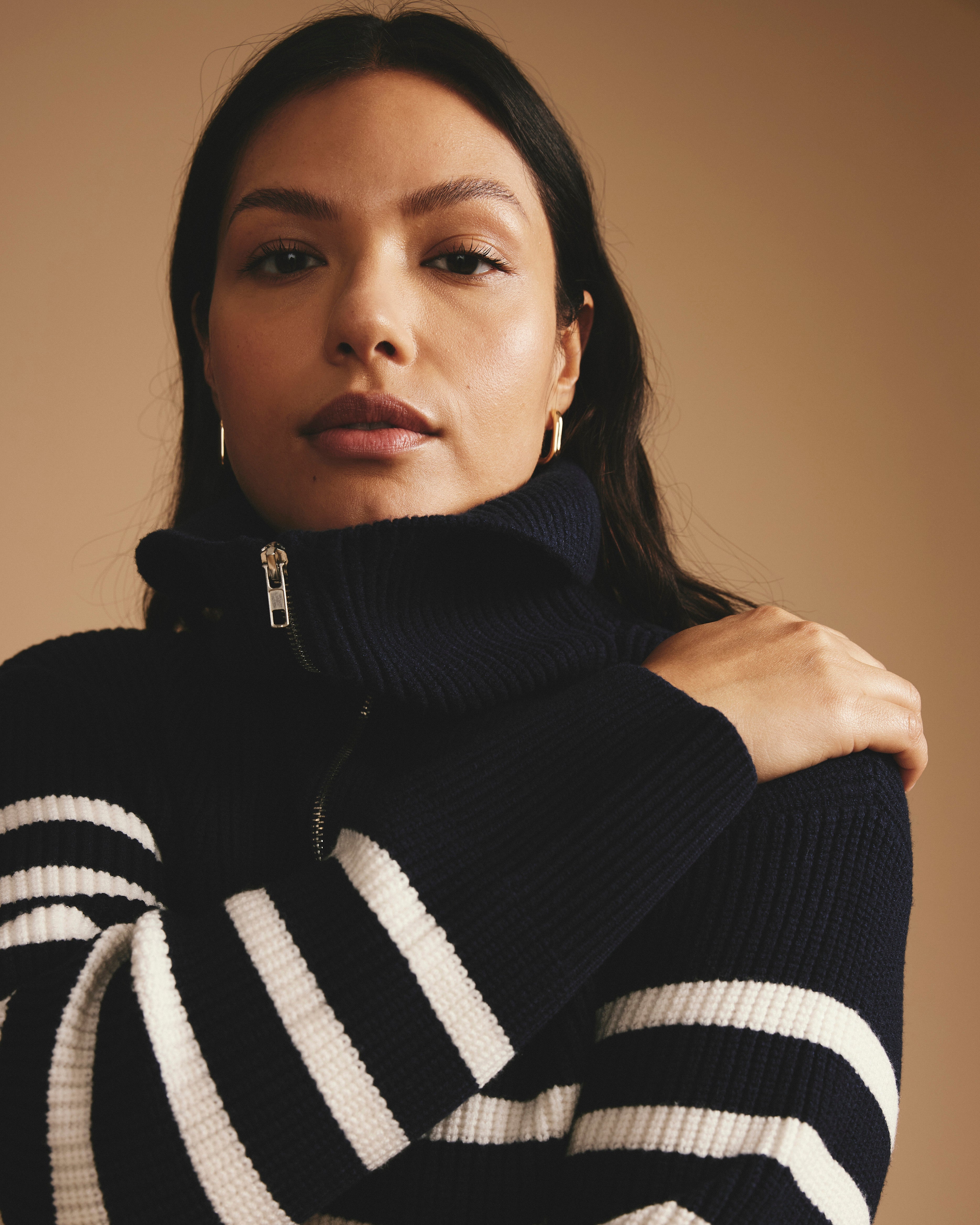 Brenda Zip Sweater - Navy/Cream Stripes