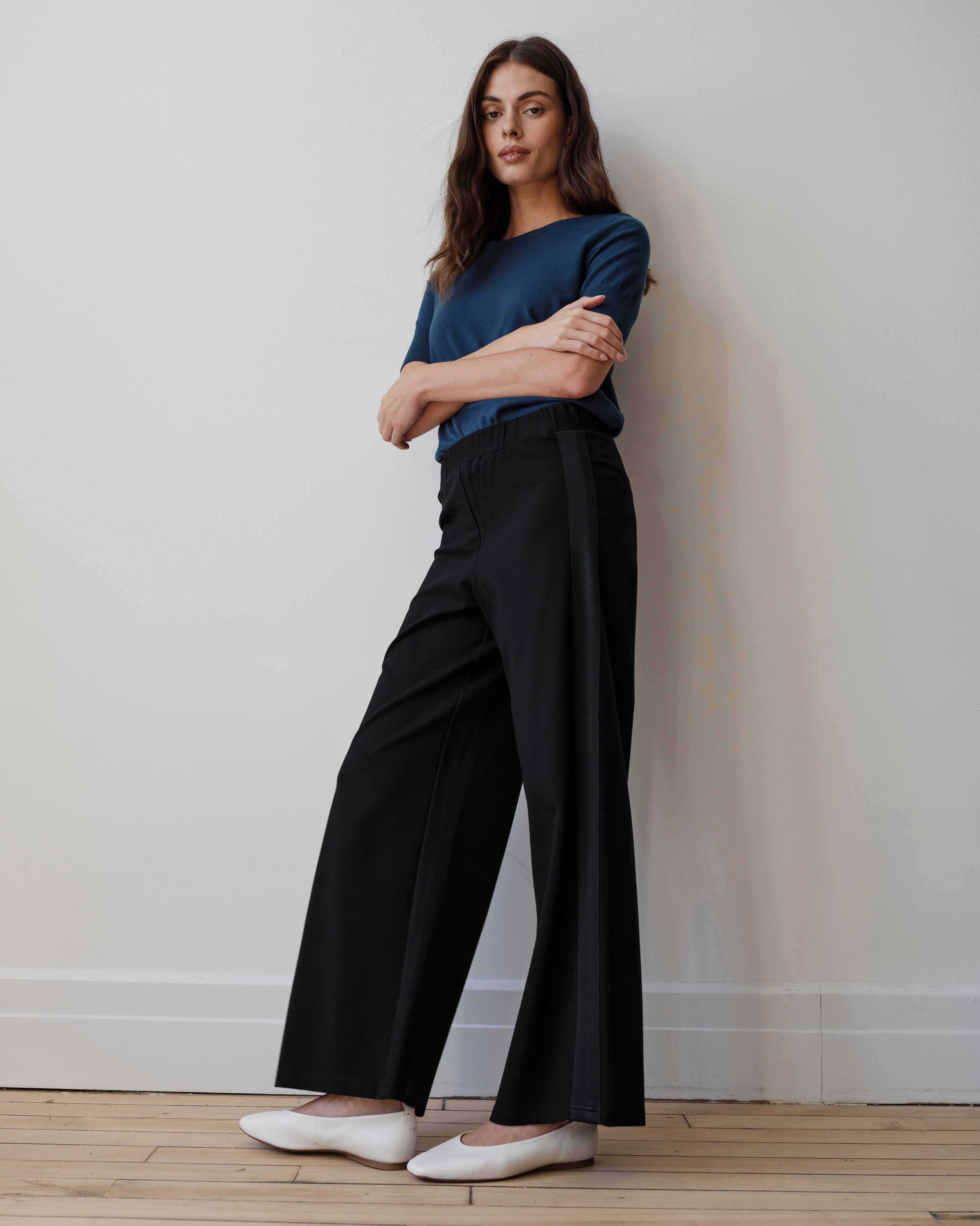 Stephanie Wide Leg Stripe Ponte Pants 30 Inch - Black with Black Stripe